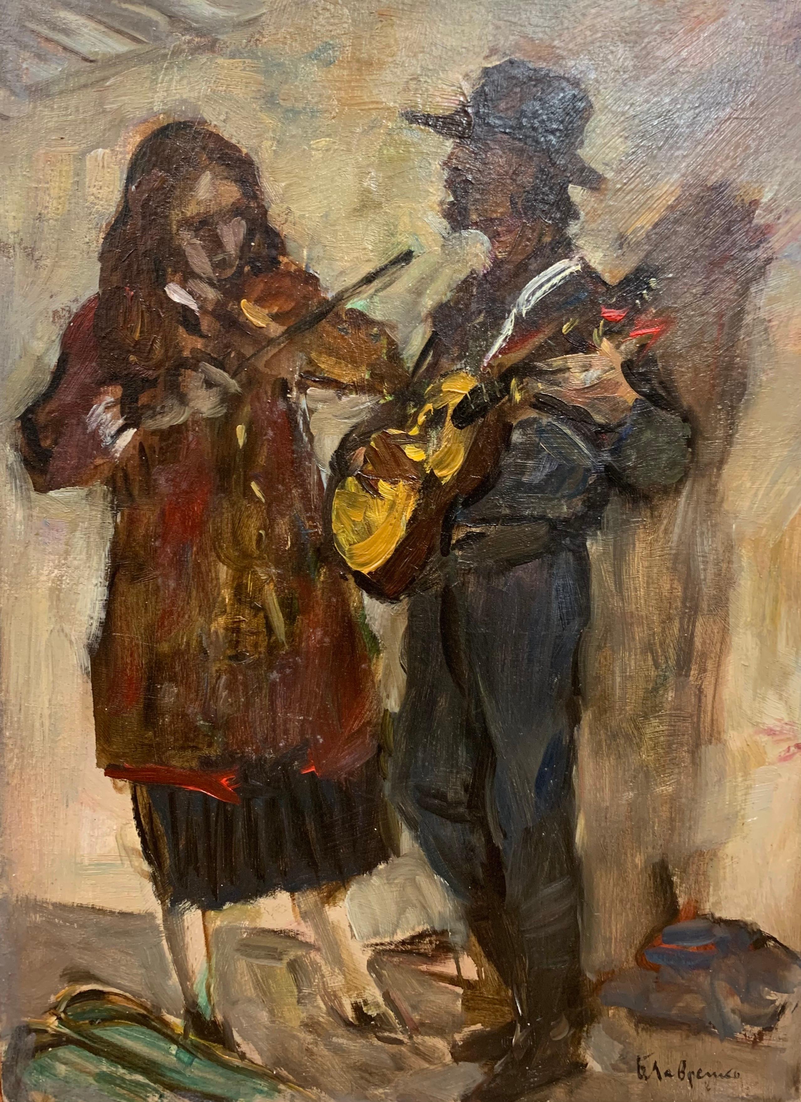 « Musiciens, guitare, violon », huile cm.30 x40 1960  - Painting de Boris Mikhailovich Lavrenko