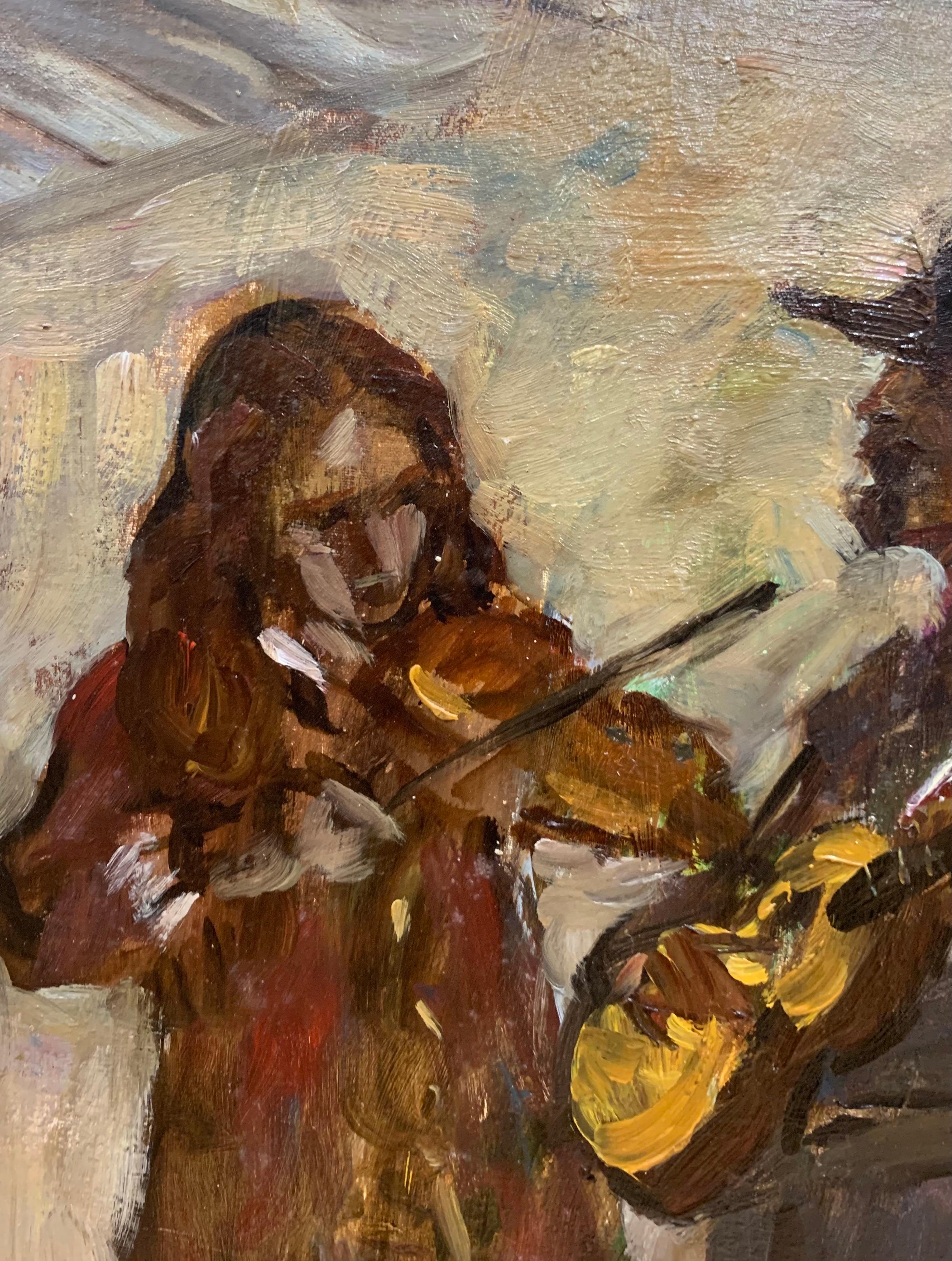 « Musiciens, guitare, violon », huile cm.30 x40 1960  - Impressionnisme Painting par Boris Mikhailovich Lavrenko