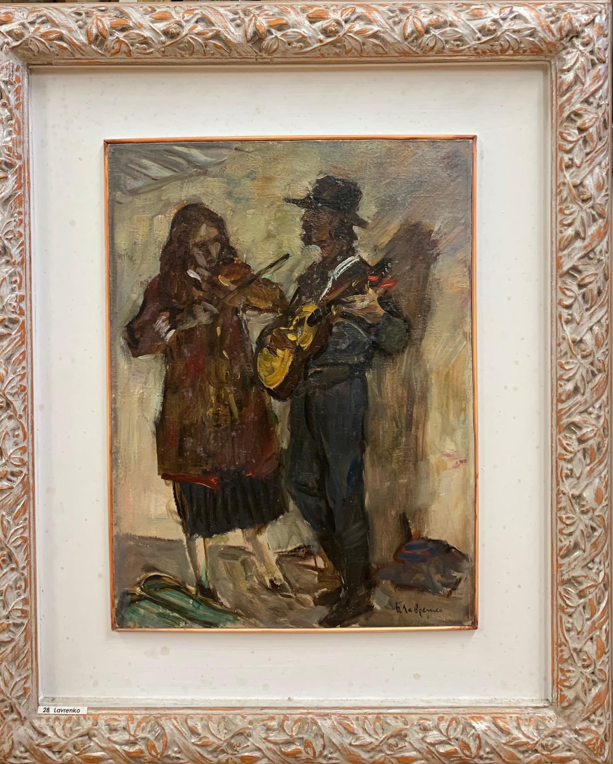 Figurative Painting Boris Mikhailovich Lavrenko - « Musiciens, guitare, violon », huile cm.30 x40 1960 
