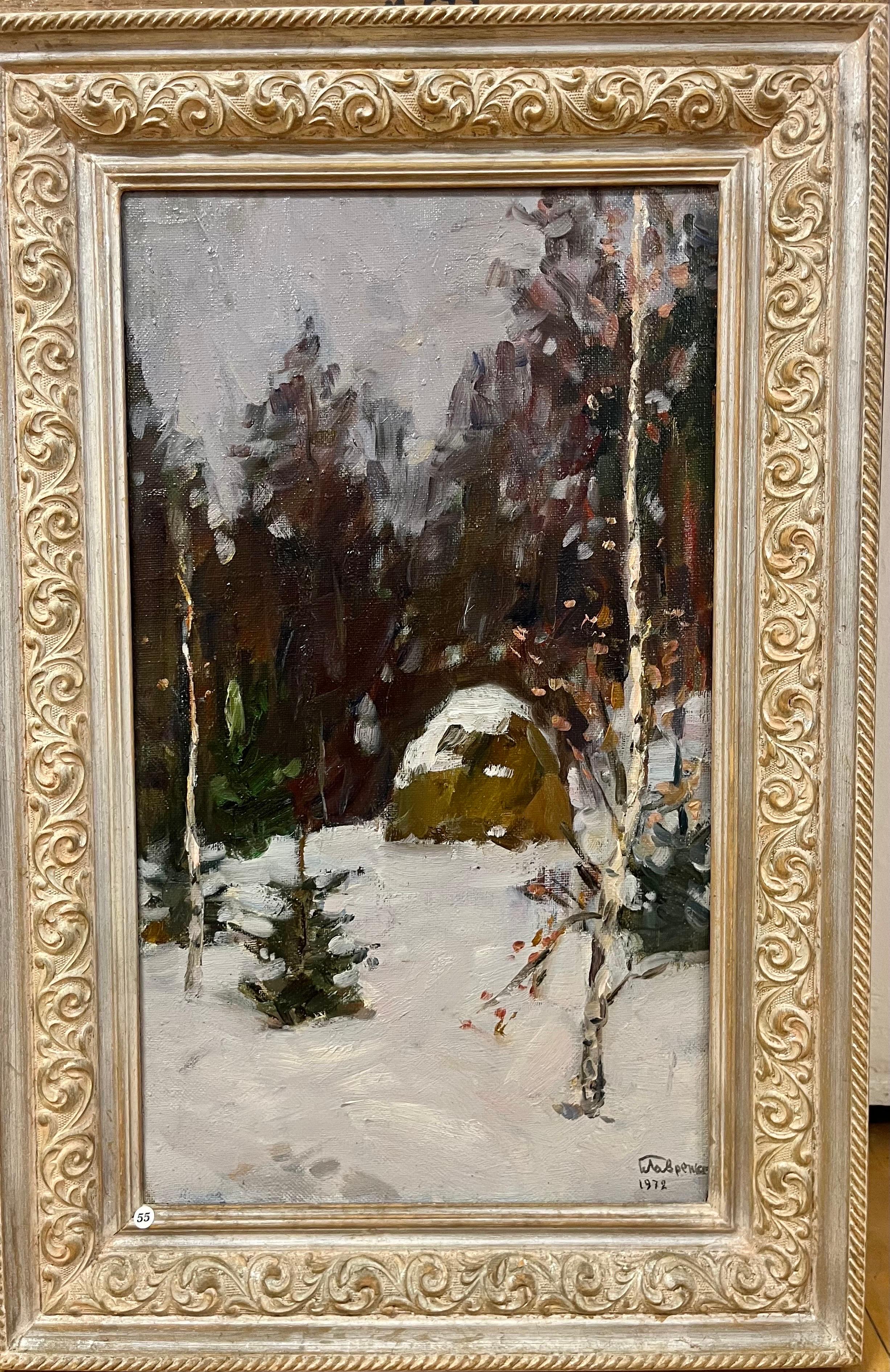 Boris Mikhailovich Lavrenko Landscape Painting - "Pagliaio nel bosco coperto di neve" Olio cm. 38 x 65 1972