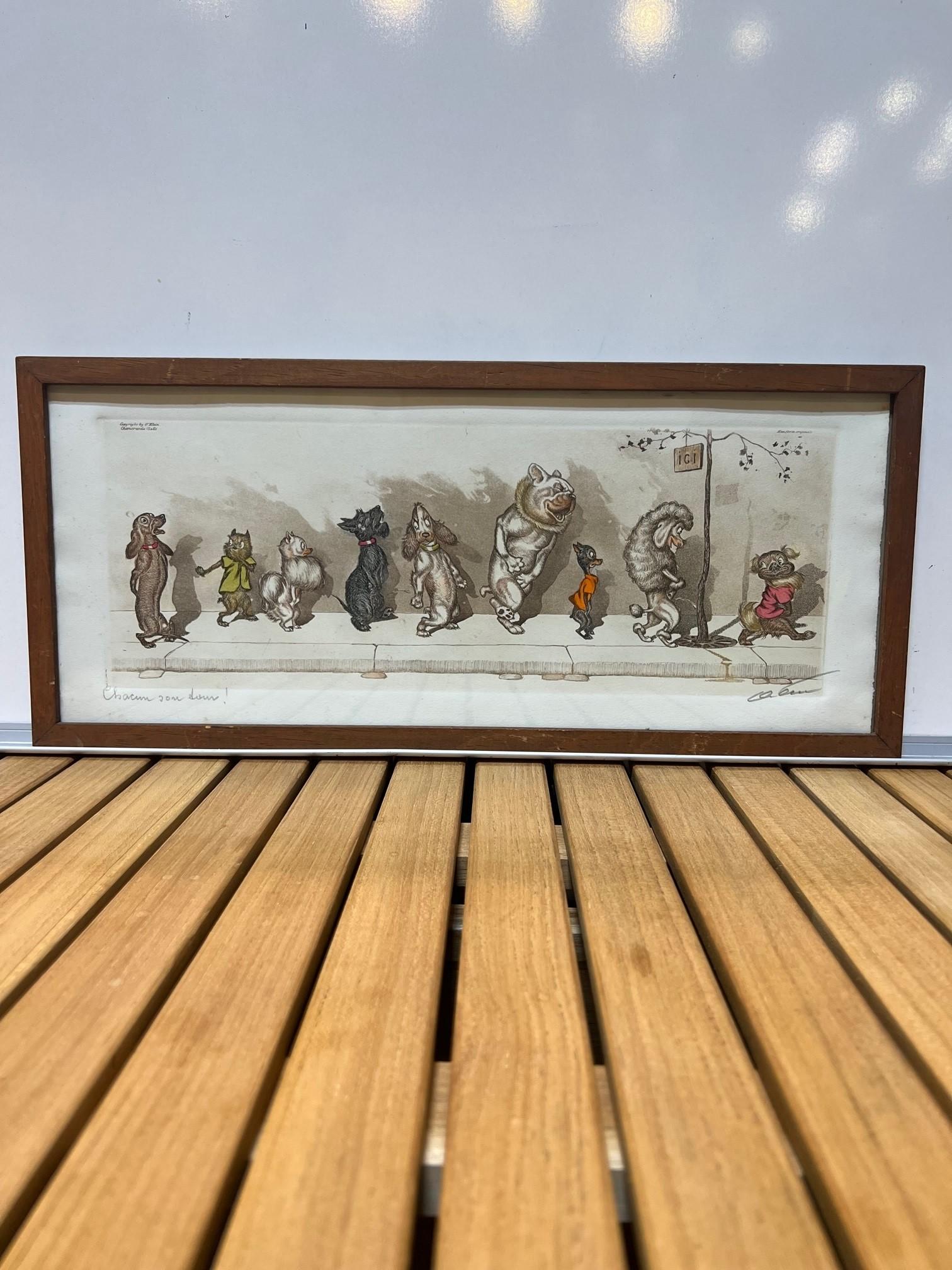 Original signed Boris O'Klein Dirty Dogs of Paris hand colored etching of a gang of dogs waiting in line for the only tree with a sign 