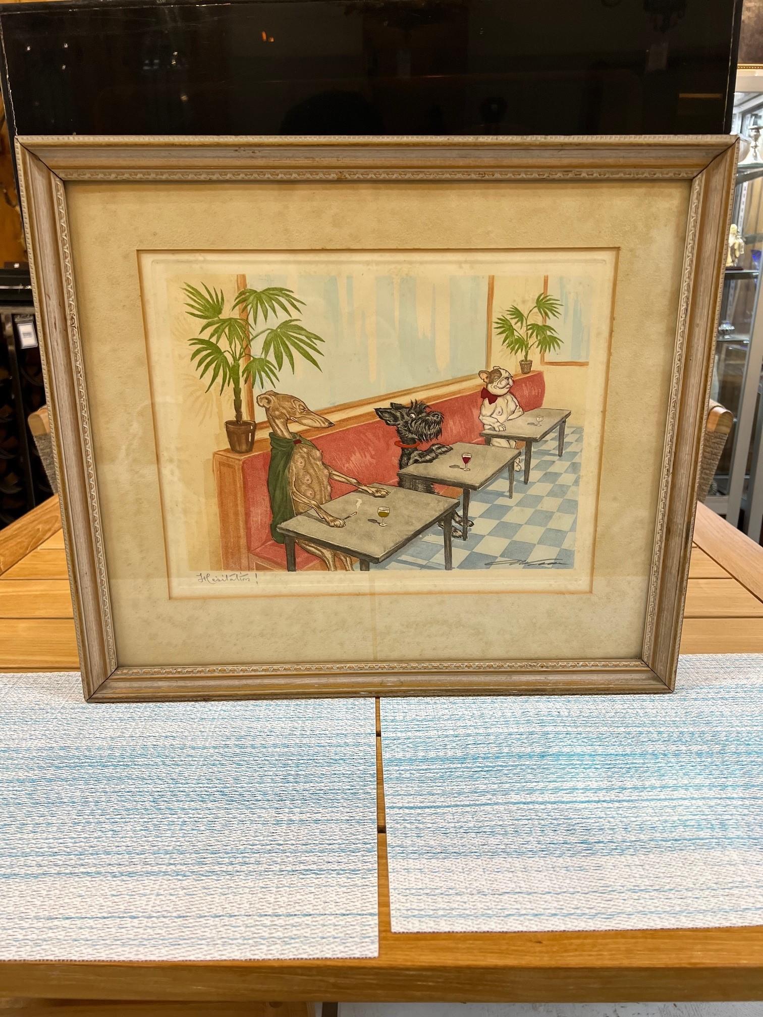 Original Mid 20th Century signed Boris O'Klein Dirty Dogs of Paris Hesitation, a hand colored etching of three dogs sitting in a french cafe. The male dog is sitting between two female dogs in a amusing situation. Signed by the artist Boris O'Klein
