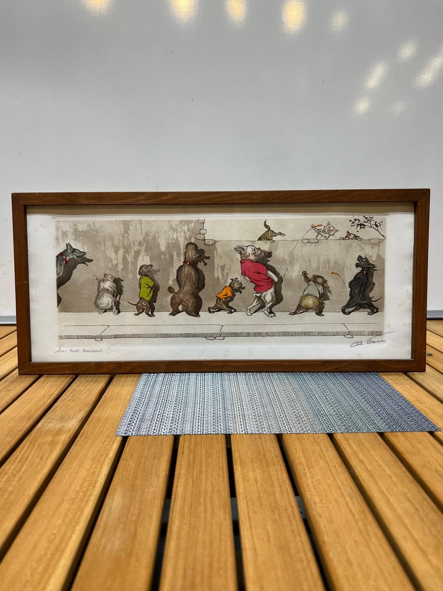 Original signed Boris O'Klein Dirty Dogs of Paris hand colored etching of a gang of dogs urinating on a brick wall, aiming at several cats on top of the wall. Signed by the artist in pencil lower right and titled lower left 