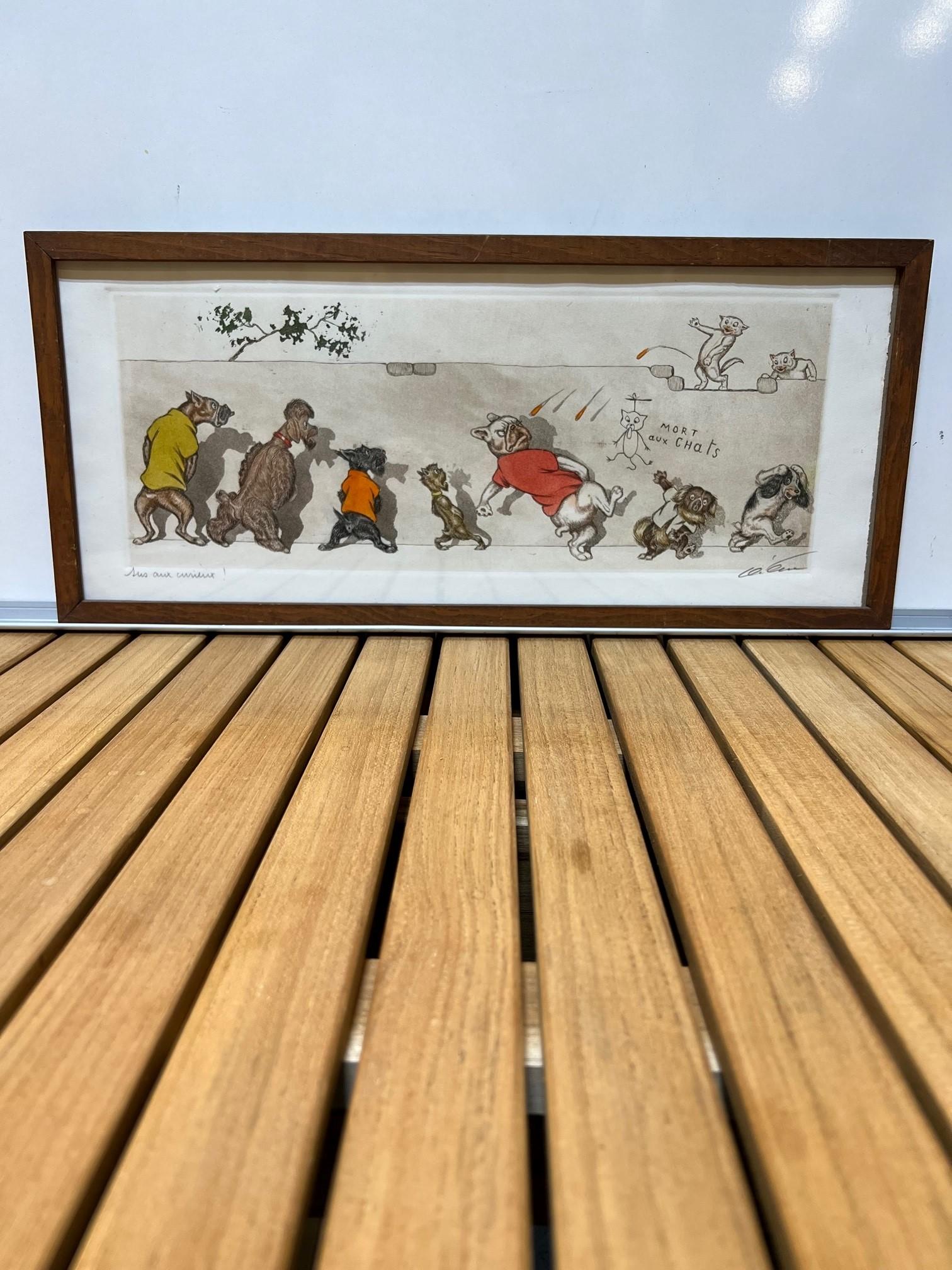 Original signed Boris O'Klein Dirty Dogs of Paris hand colored etching of a gang of dogs being urinating on by several cats on top of the wall. Signed by the artist in pencil lower right and titled lower left 