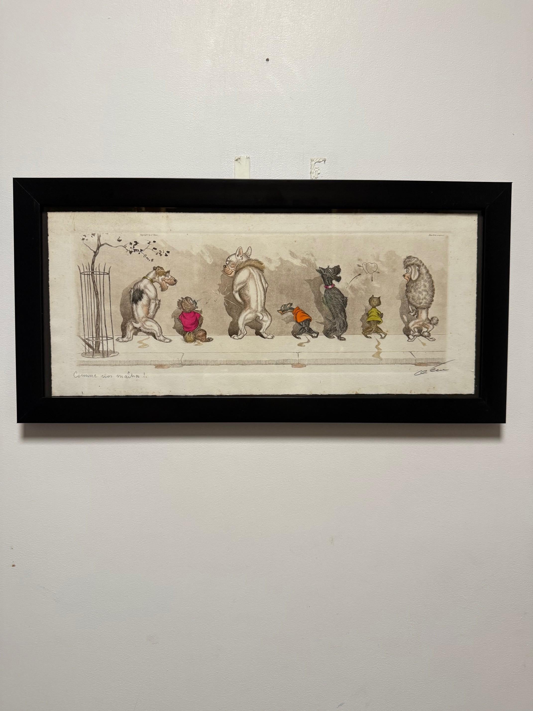 Original signiert Boris O'Klein Dirty Dogs of Paris handkolorierte Radierung einer Bande von Hunden urinieren auf einer Backsteinmauer. Vom Künstler mit Bleistift unten rechts signiert und unten links betitelt 