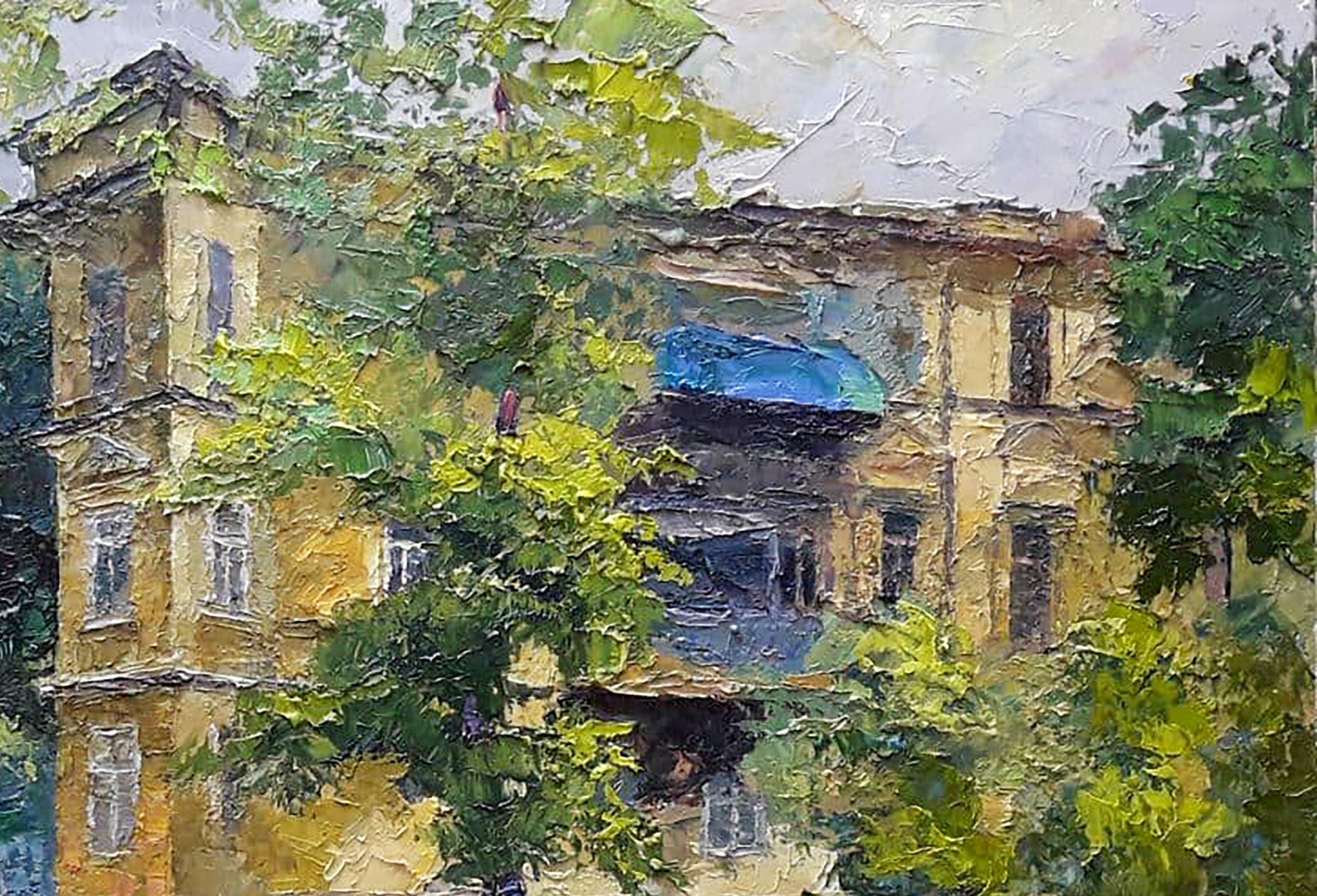 August in Odessa, Cityscape, Original oil Painting, Ready to Hang - Gray Landscape Painting by Boris Serdyuk 
