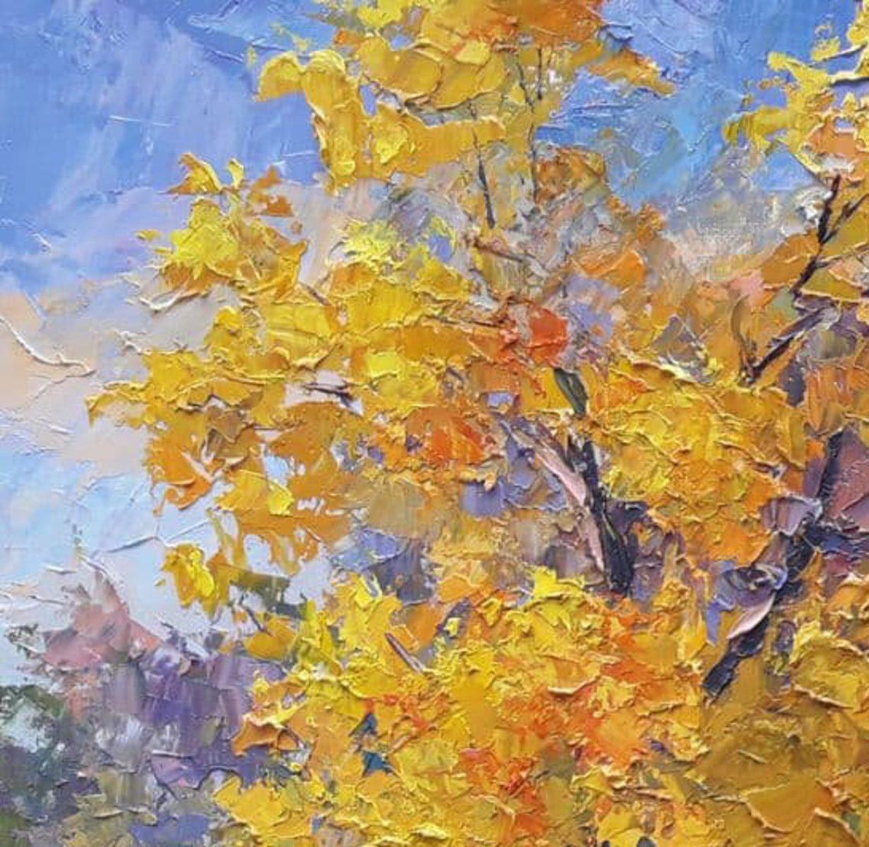 Artist: Boris Serdyuk 
Work: Original oil painting, handmade artwork, one of a kind 
Medium: Oil on Canvas
Style: Impressionism
Year: 2020
Title: Autumn colors
Size: 19.5