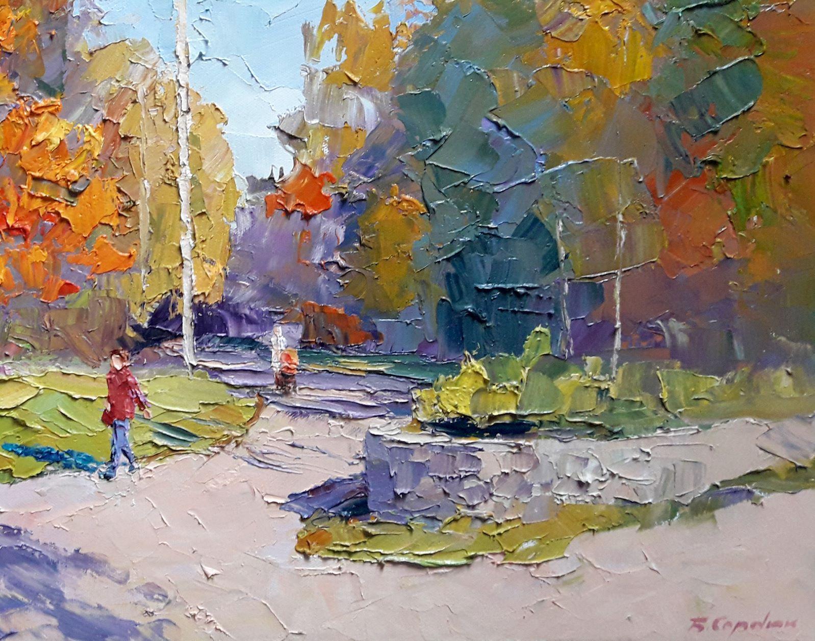 Giornata d'autunno, Impressionismo, Pittura ad olio originale, pronta per essere appesa - Landscape Painting Grigio di Boris Serdyuk 