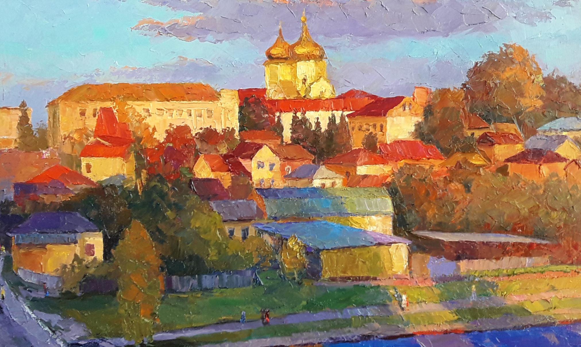 Autumn in Ternopol, Original oil Painting, Ready to Hang - Gray Landscape Painting by Boris Serdyuk 