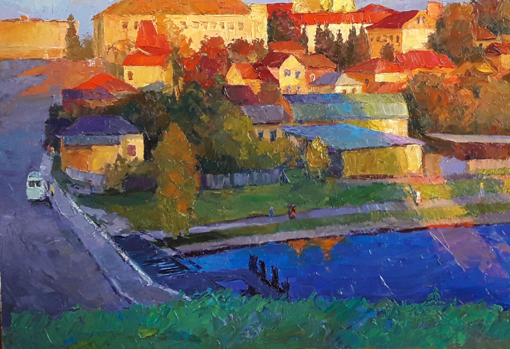 Herbst in Ternopol, Original-Ölgemälde in Öl, hängefertig (Grau), Landscape Painting, von Boris Serdyuk 