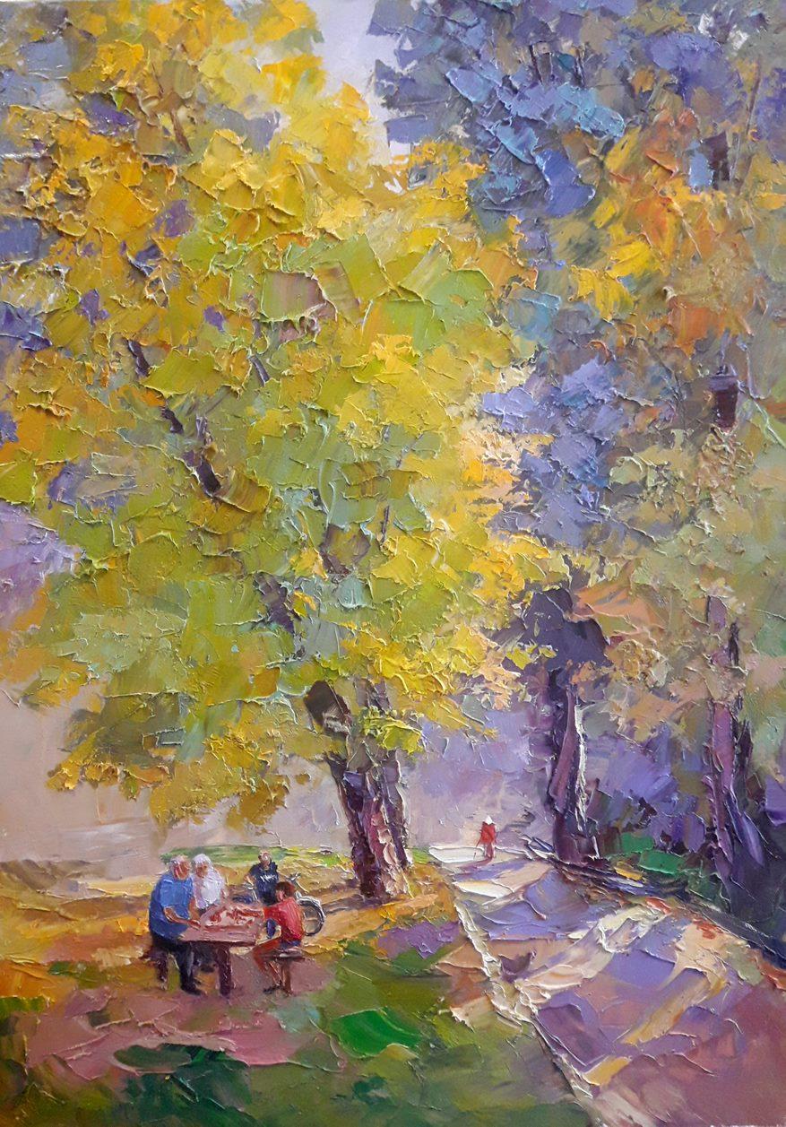 Boris Serdyuk  Landscape Painting - Autumn in the park, Landscape Impressionism Original oil Painting, Ready to Hang