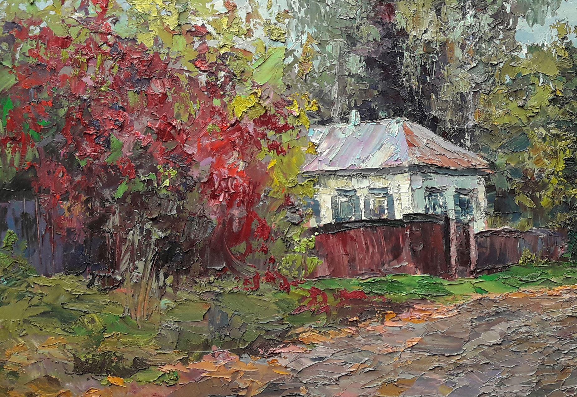 Autumn in the village of Guta, Original oil Painting, Ready to Hang - Gray Landscape Painting by Boris Serdyuk 