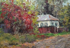 Otoño en el pueblo de Guta, Pintura al óleo original, Lista para colgar