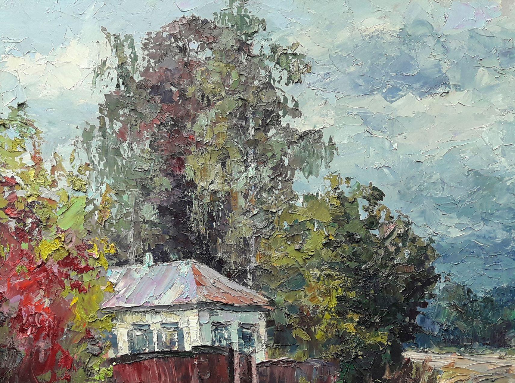 utumne dans le village de Guta, peinture à l'huile originale, prête à être accrochée - Gris Landscape Painting par Boris Serdyuk 