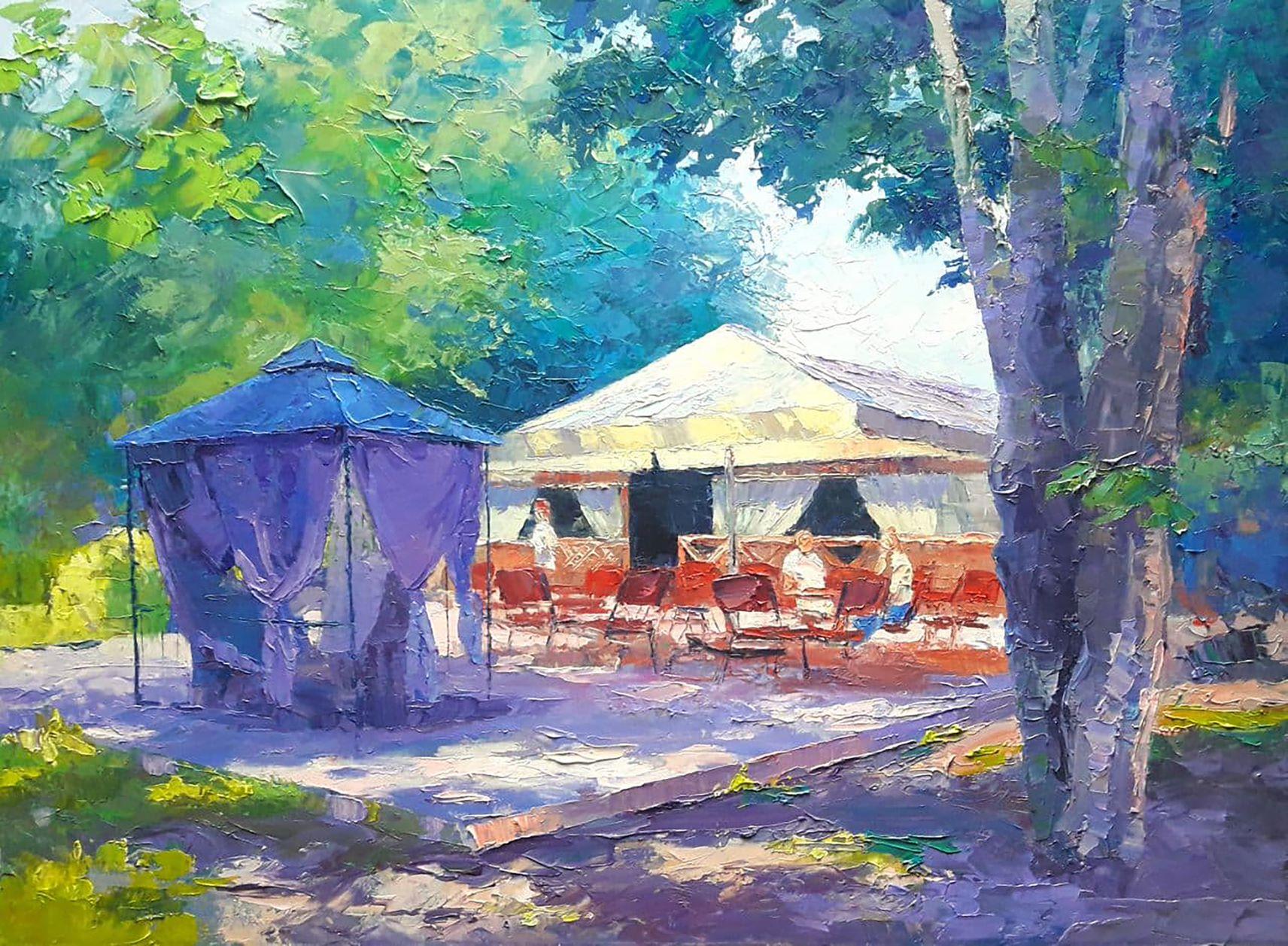 Landscape Painting Boris Serdyuk  - Cafe Caravan, peinture à l'huile originale, prête à accrocher