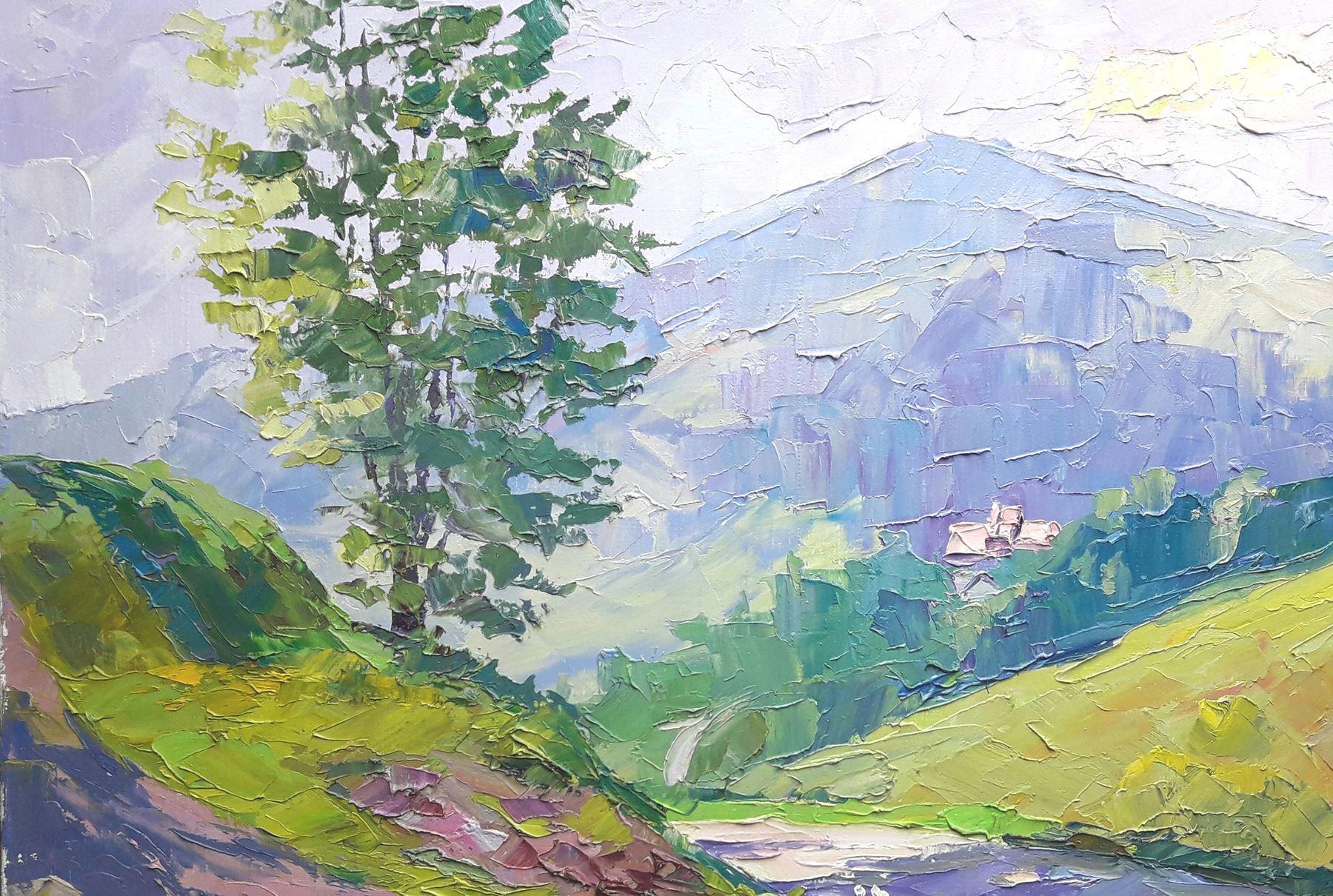 Carpathian air, Original oil Painting, Ready to Hang - Gray Landscape Painting by Boris Serdyuk 