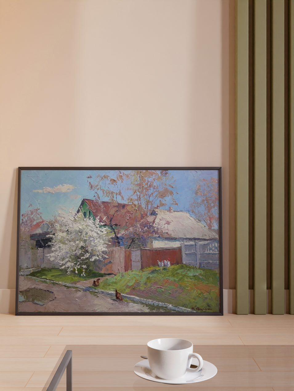 Cherry Blossom, Impressionism, Original oil Painting, Ready to Hang - Gray Landscape Painting by Boris Serdyuk 