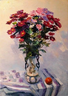 Bouquet de chrysanthèmes, fleurs, peinture à l'huile originale, prête à être accrochée