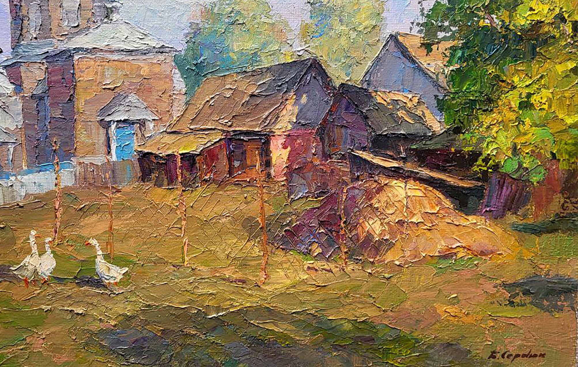 Church Yard, Original oil Painting, Ready to Hang - Brown Landscape Painting by Boris Serdyuk 