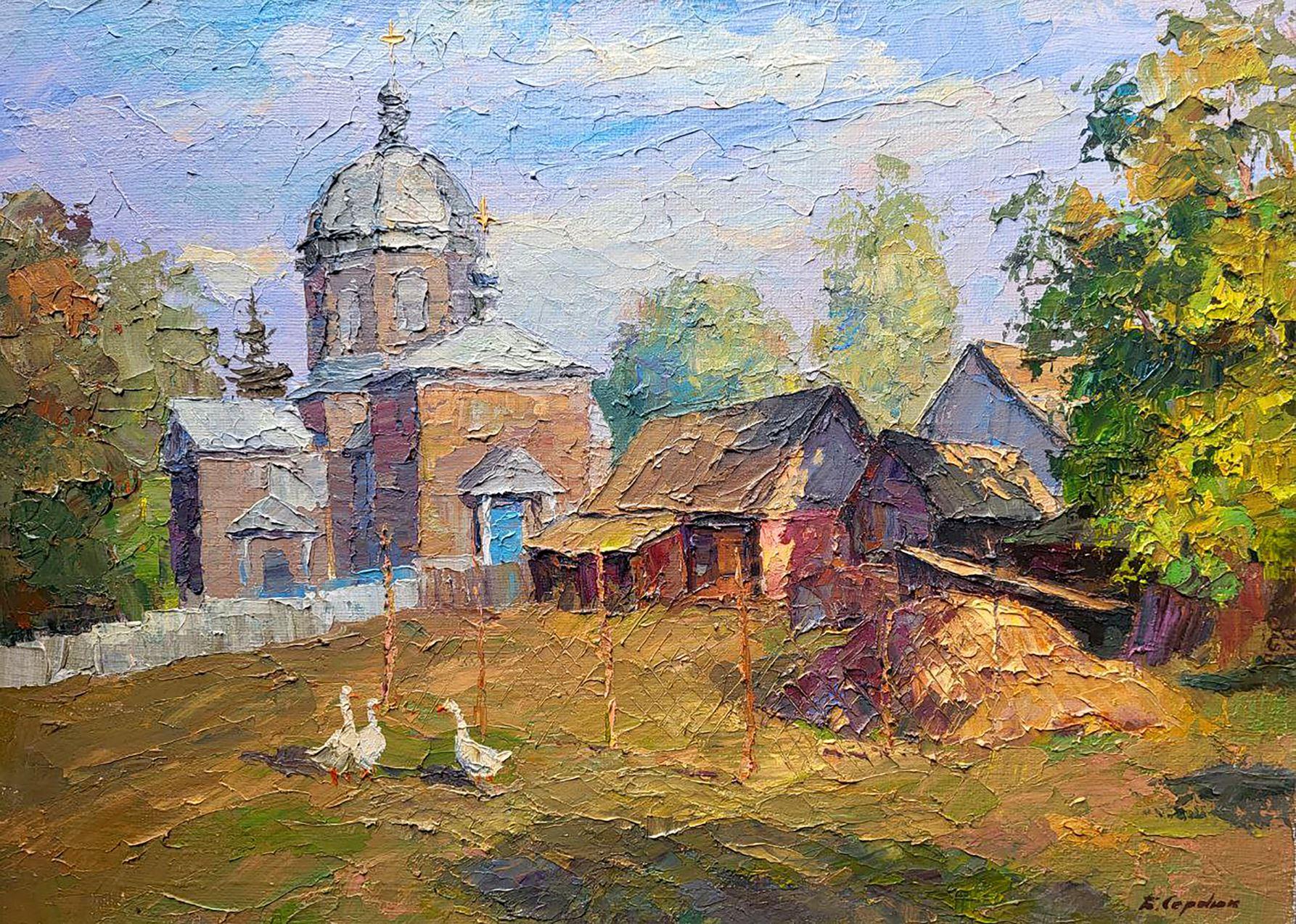 Yard d'église, peinture à l'huile originale, prête à accrocher