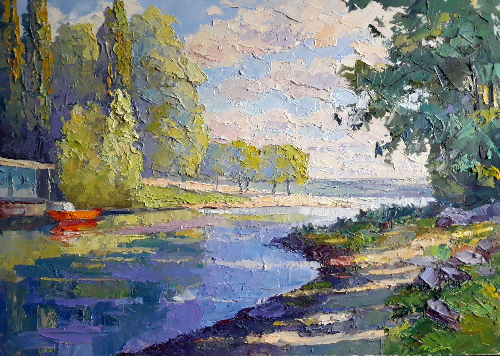 Landscape Painting Boris Serdyuk  - Bay Dnieper, paysage, peinture à l'huile originale, prête à être accrochée