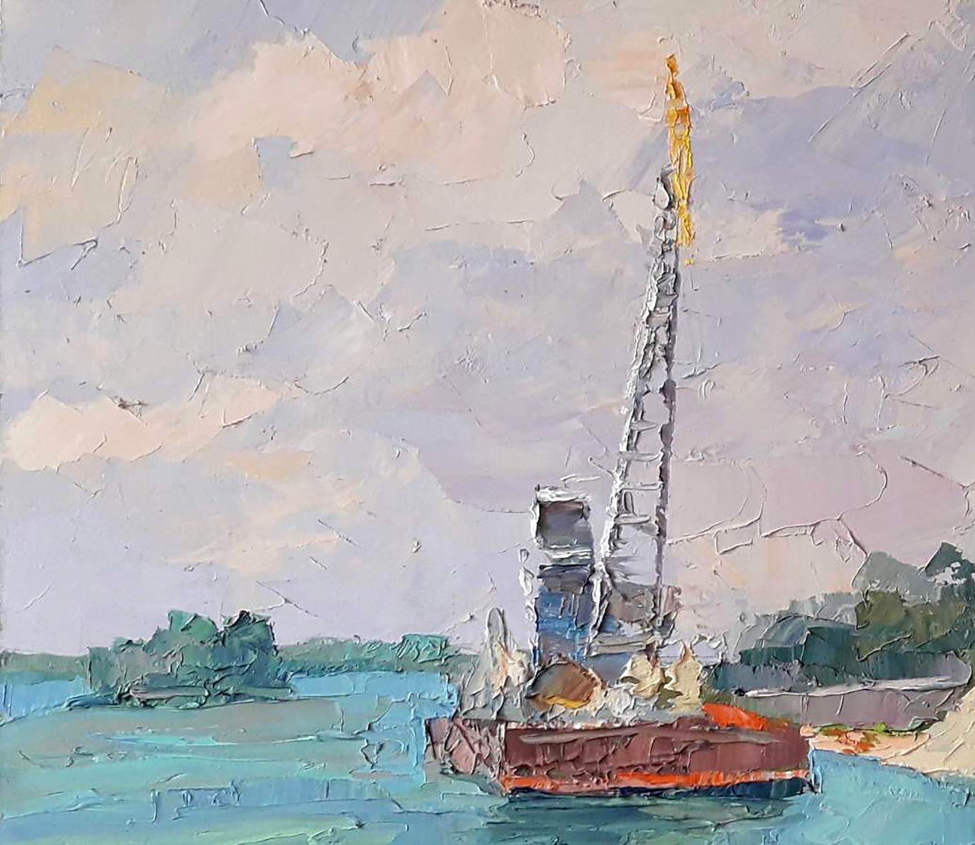 Dredger on the Dnieper, landscape Original oil Painting, Ready to Hang For Sale 1