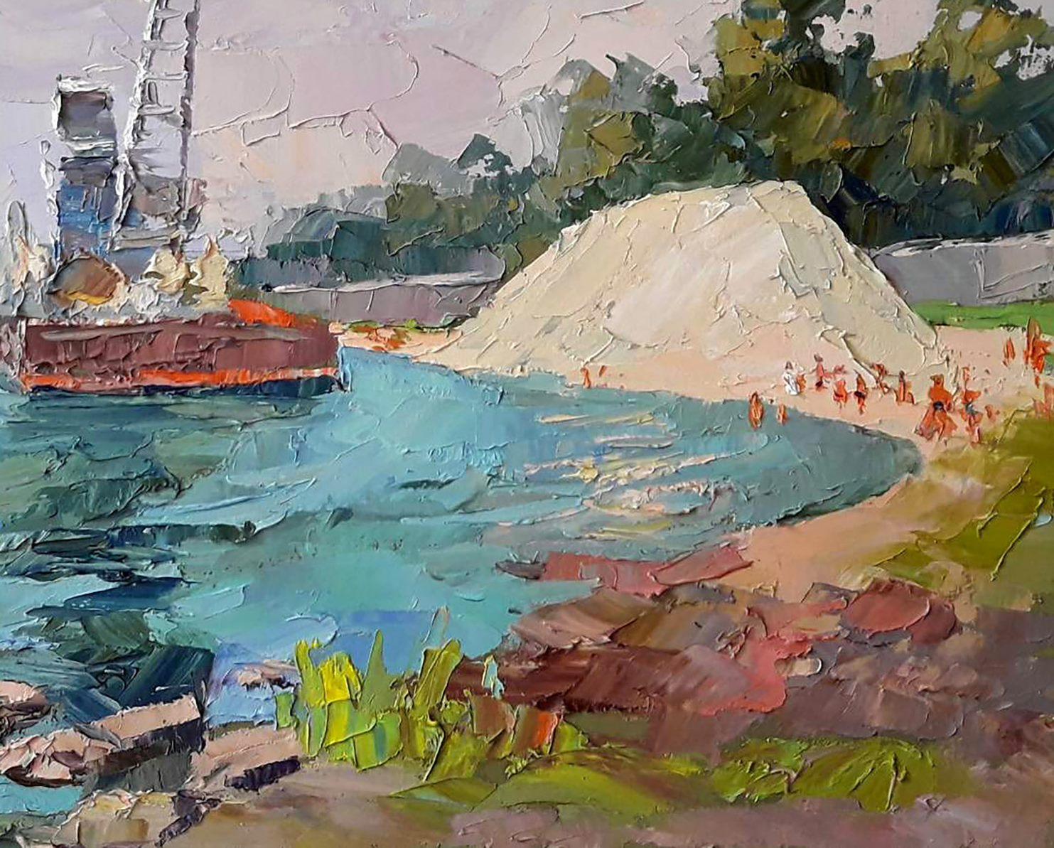 Draga sul Dnieper, paesaggio Pittura ad olio originale, pronta da appendere - Landscape Painting Grigio di Boris Serdyuk 