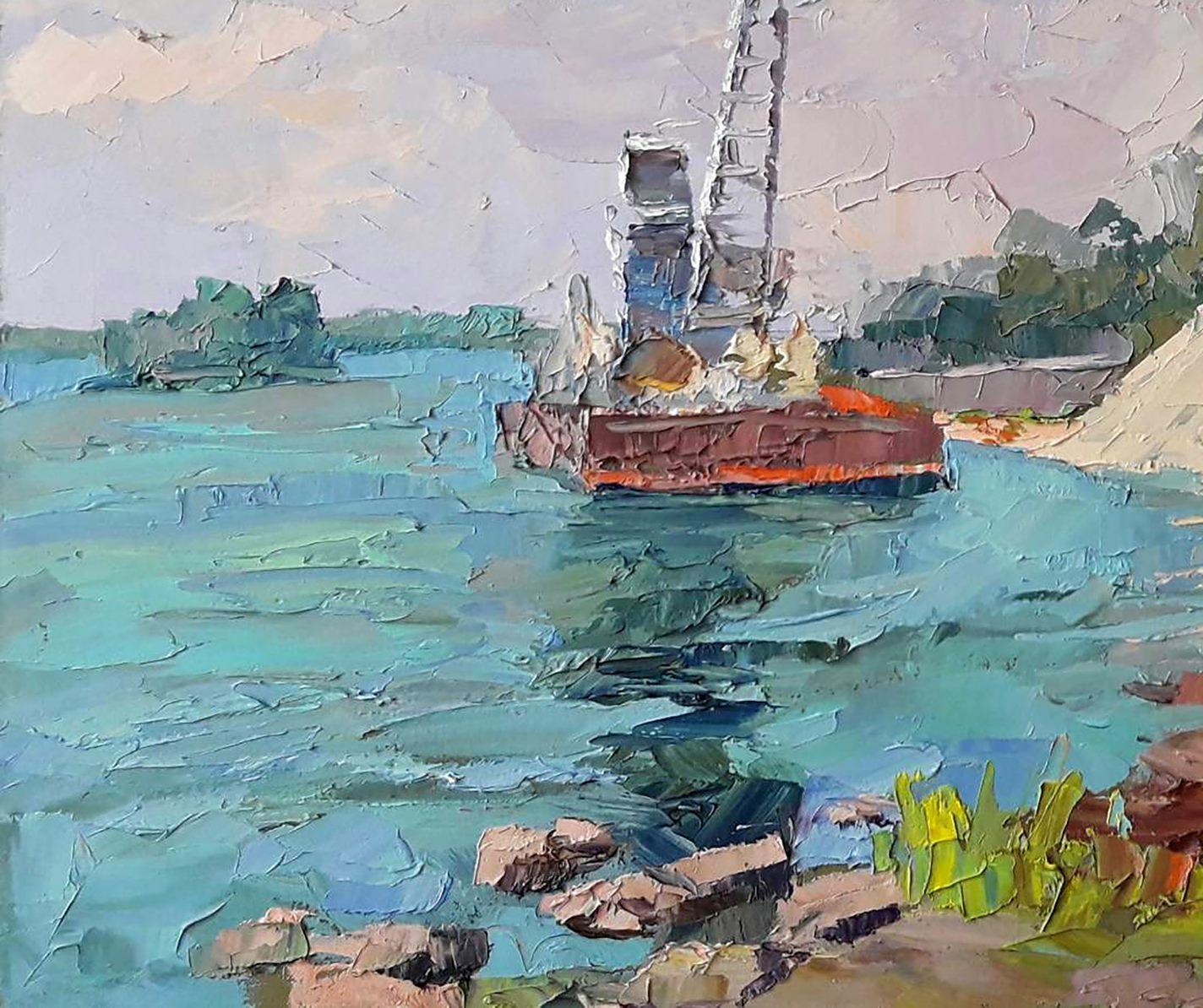 Dredger on the Dnieper, landscape Original oil Painting, Ready to Hang For Sale 3