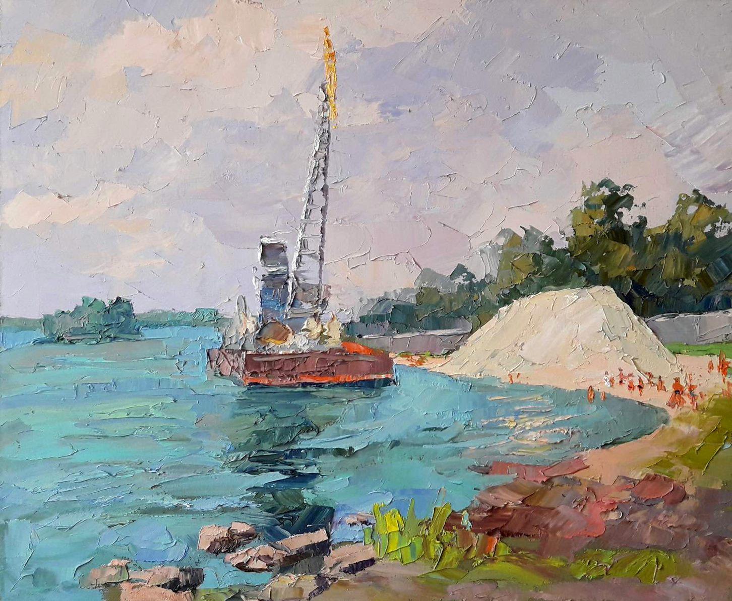 Dredger on the Dnieper, landscape Original oil Painting, Ready to Hang