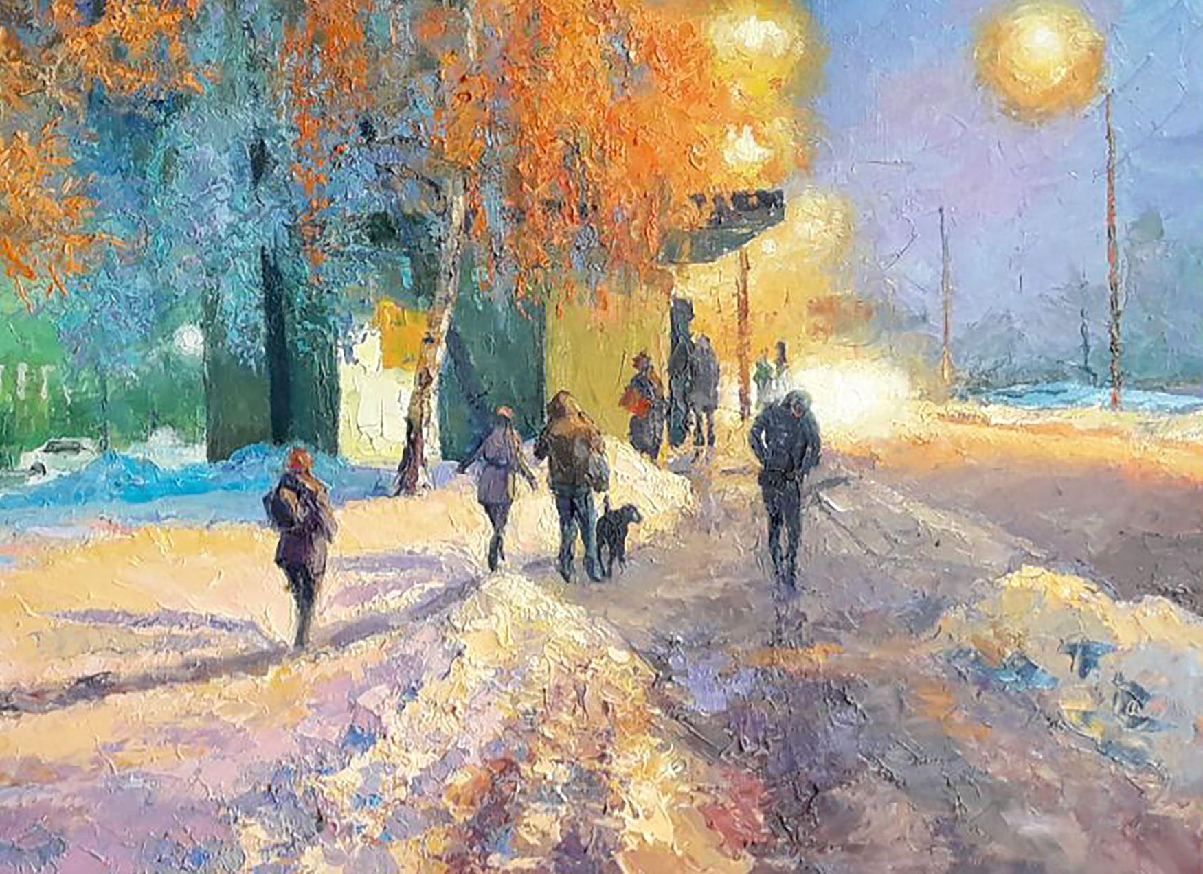 Artist: Boris Serdyuk 
Work: Original oil painting, handmade artwork, one of a kind 
Medium: Oil on Canvas
Style: Impressionism
Year: 2020
Title: Evening City
Size: 27.5