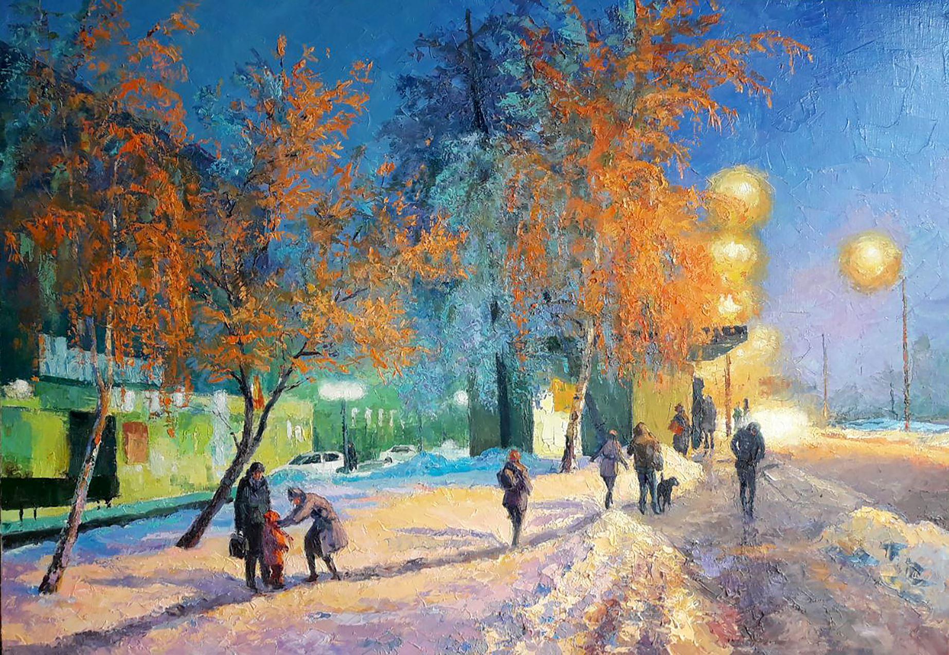 Boris Serdyuk  Landscape Painting - Evening City, Original oil Painting, Ready to Hang