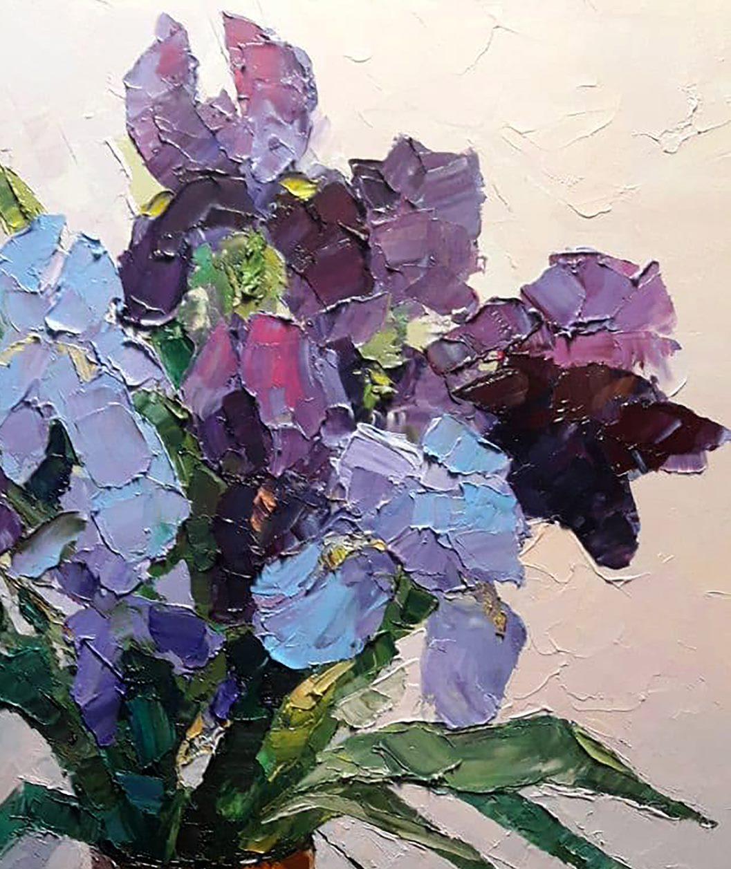 Artist: Boris Serdyuk 
Work: Original oil painting, handmade artwork, one of a kind 
Medium: Oil on Canvas
Style: Impressionism
Year: 2023
Title: Irises
Size: 31.5