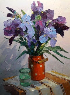 Irises, Fleurs, Peinture à l'huile originale, prête à accrocher
