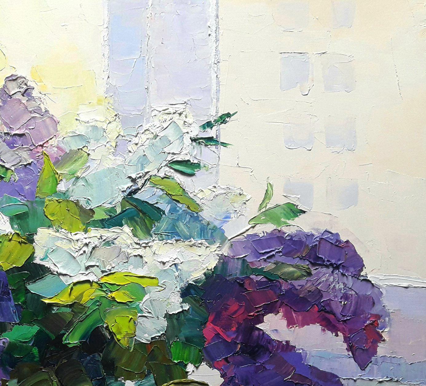 Artist: Boris Serdyuk 
Work: Original oil painting, handmade artwork, one of a kind 
Medium: Oil on Canvas
Style: Impressionism
Year: 2023
Title: Lilac on the window background
Size: 27.5