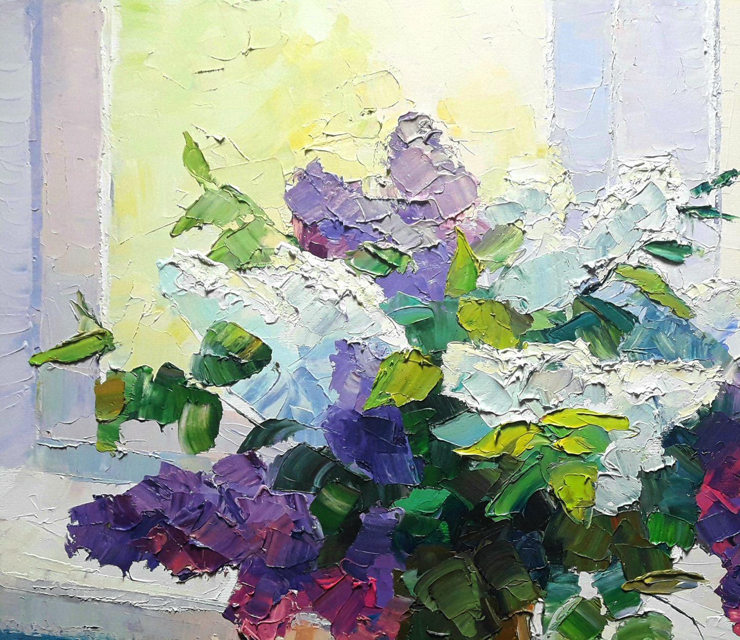 Lilas sur fond de fenêtre, The Window, peinture à l'huile originale, prête à être accrochée - Impressionnisme Painting par Boris Serdyuk 