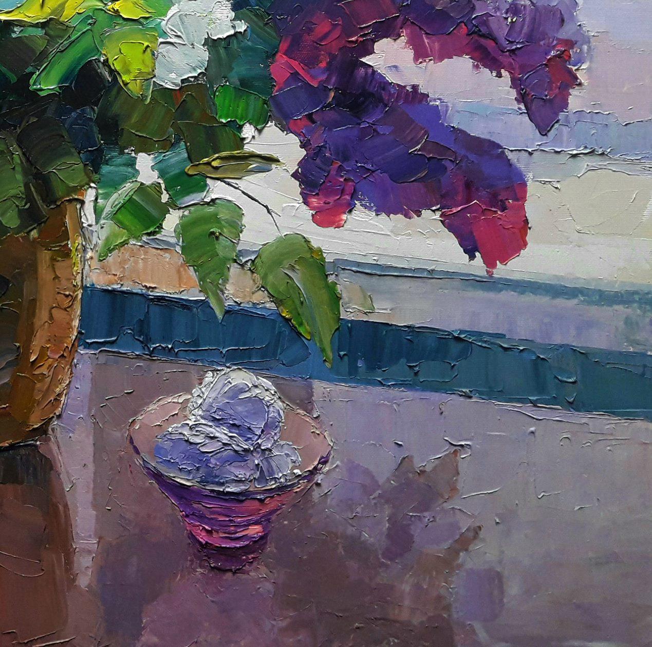 Lilac on the window background, Flowers, Original oil Painting, Ready to Hang For Sale 2