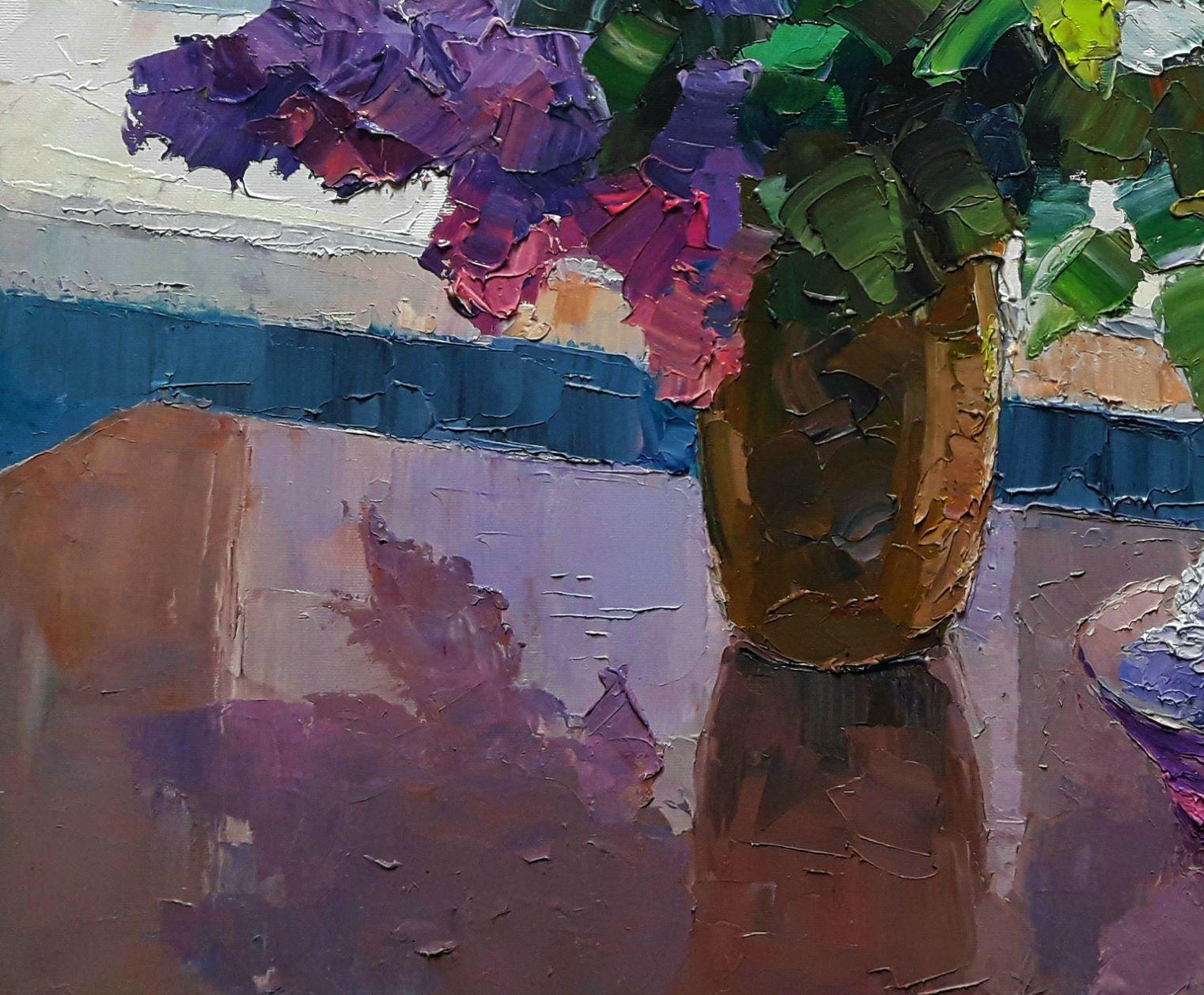 Lilac on the window background, Flowers, Original oil Painting, Ready to Hang For Sale 3