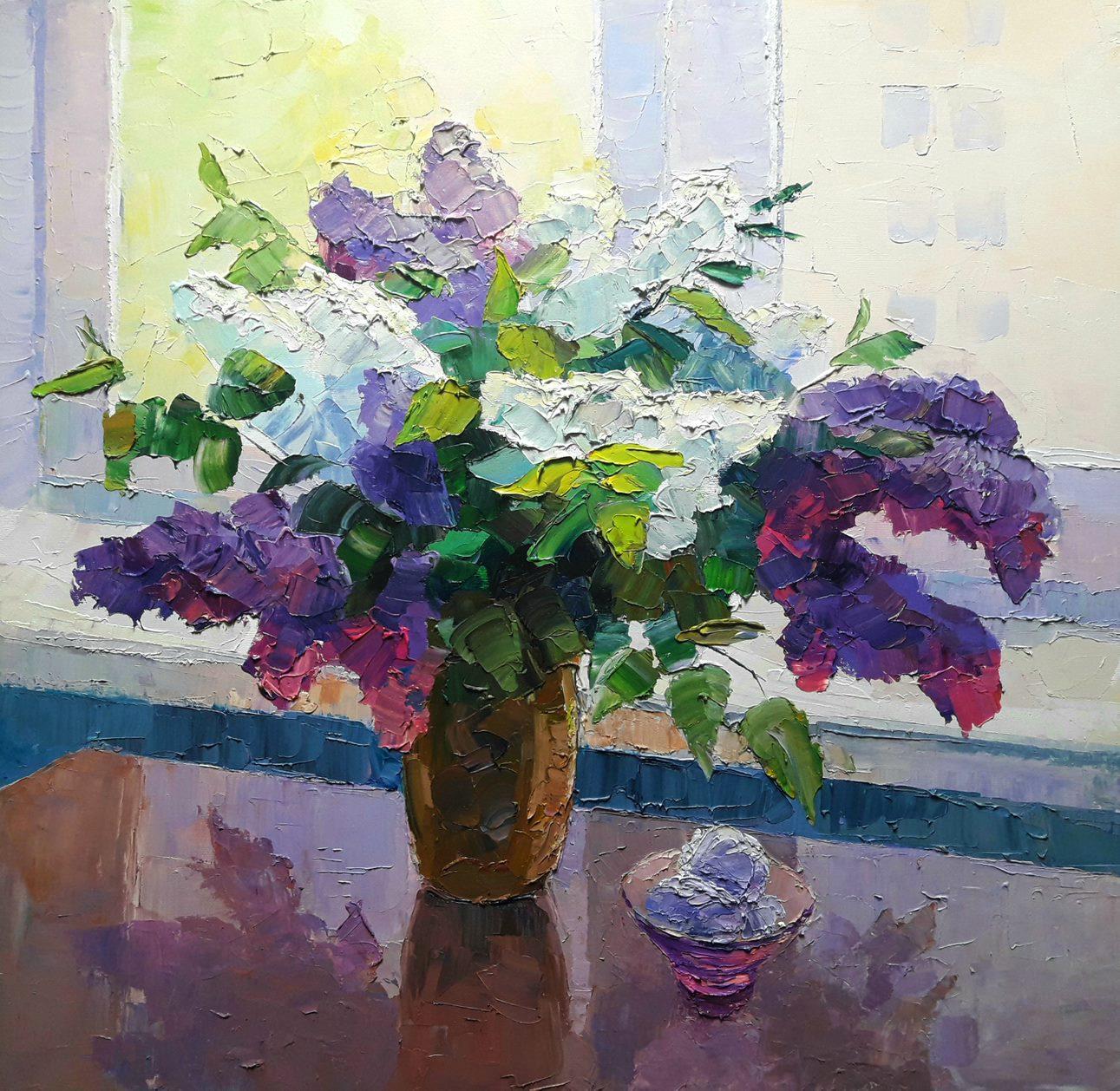 Boris Serdyuk  Still-Life Painting - Lilac on the window background, Flowers, Original oil Painting, Ready to Hang