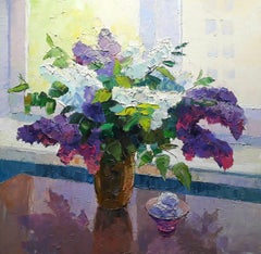 Lilas sur fond de fenêtre, The Window, peinture à l'huile originale, prête à être accrochée