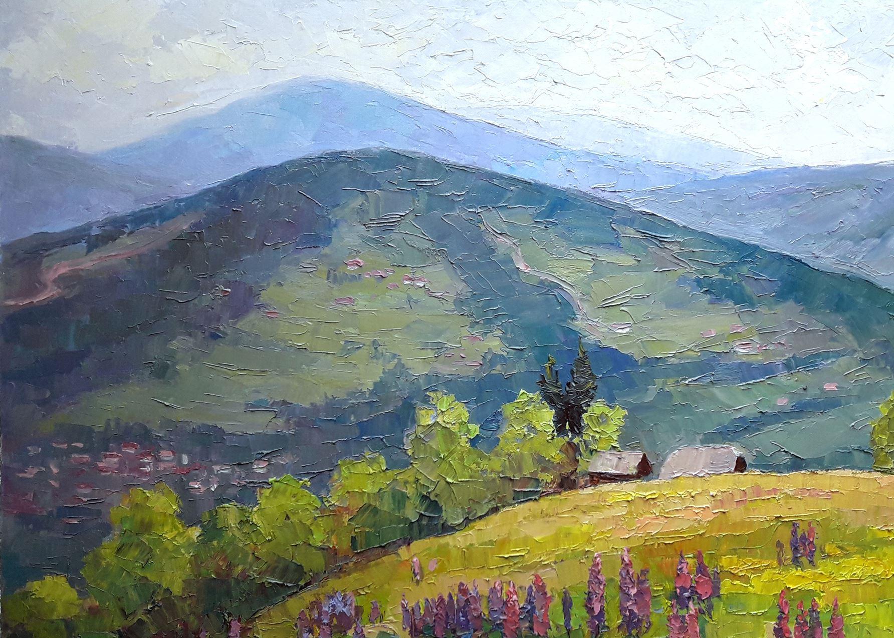 Lupino, Pittura ad olio originale, pronta da appendere - Landscape Painting Grigio di Boris Serdyuk 