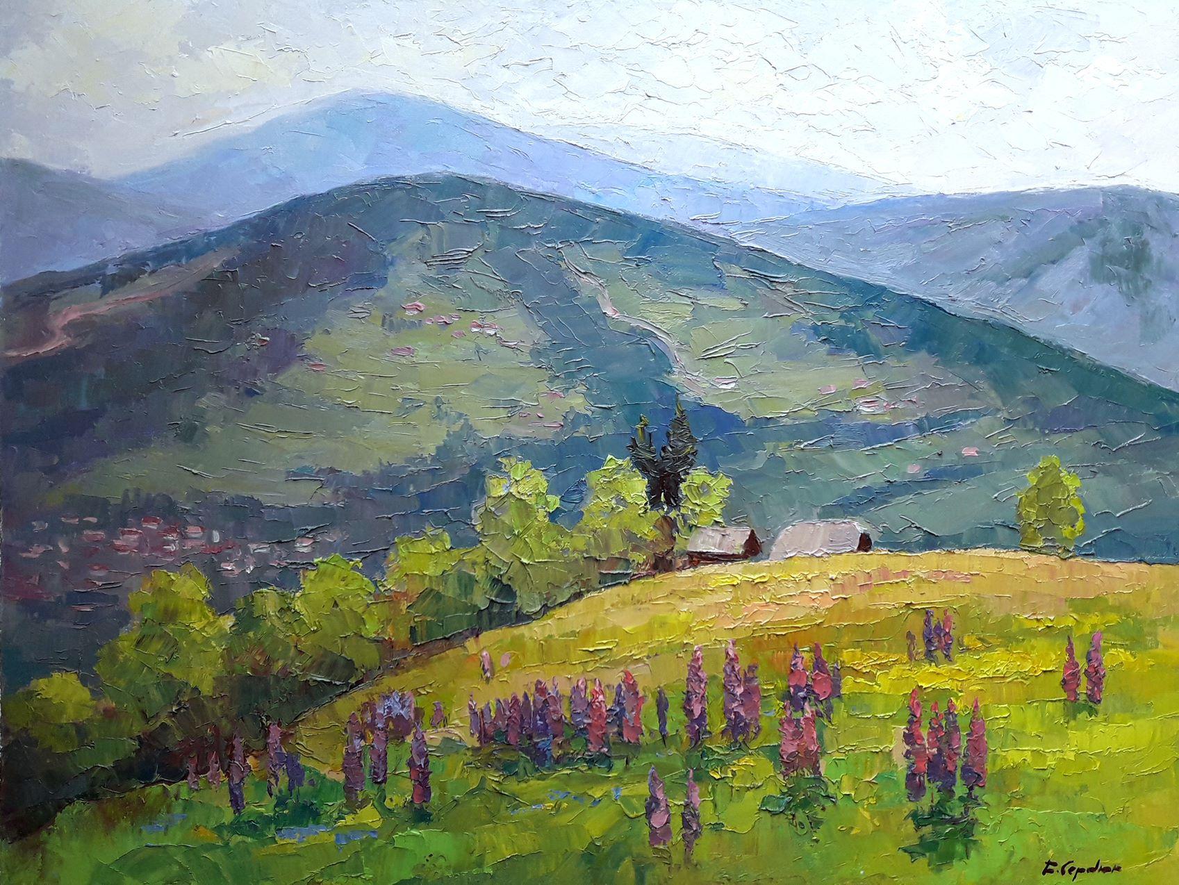 Landscape Painting di Boris Serdyuk  - Lupino, Pittura ad olio originale, pronta da appendere