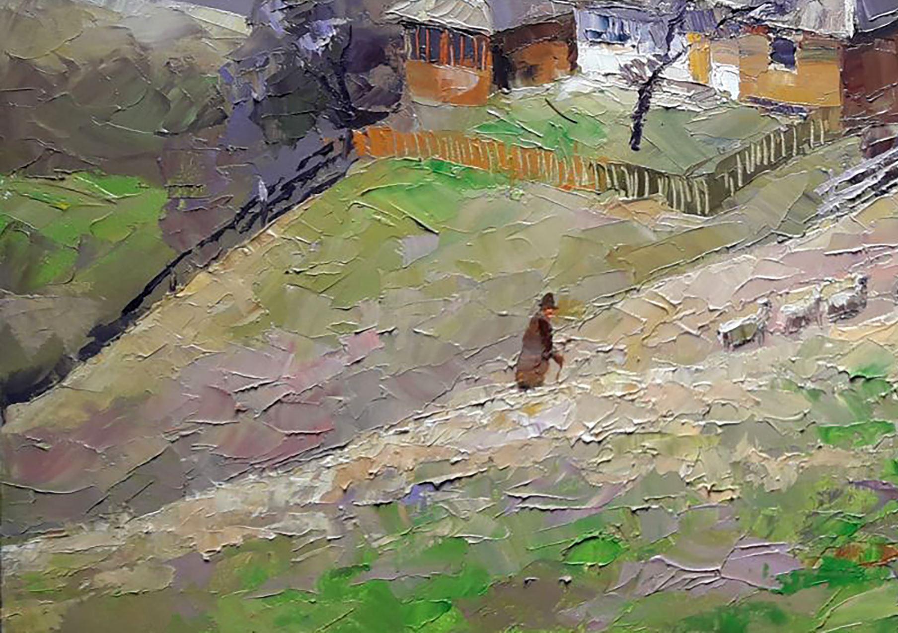 Manor under the mountain, Village, Original oil Painting, Ready to Hang For Sale 1