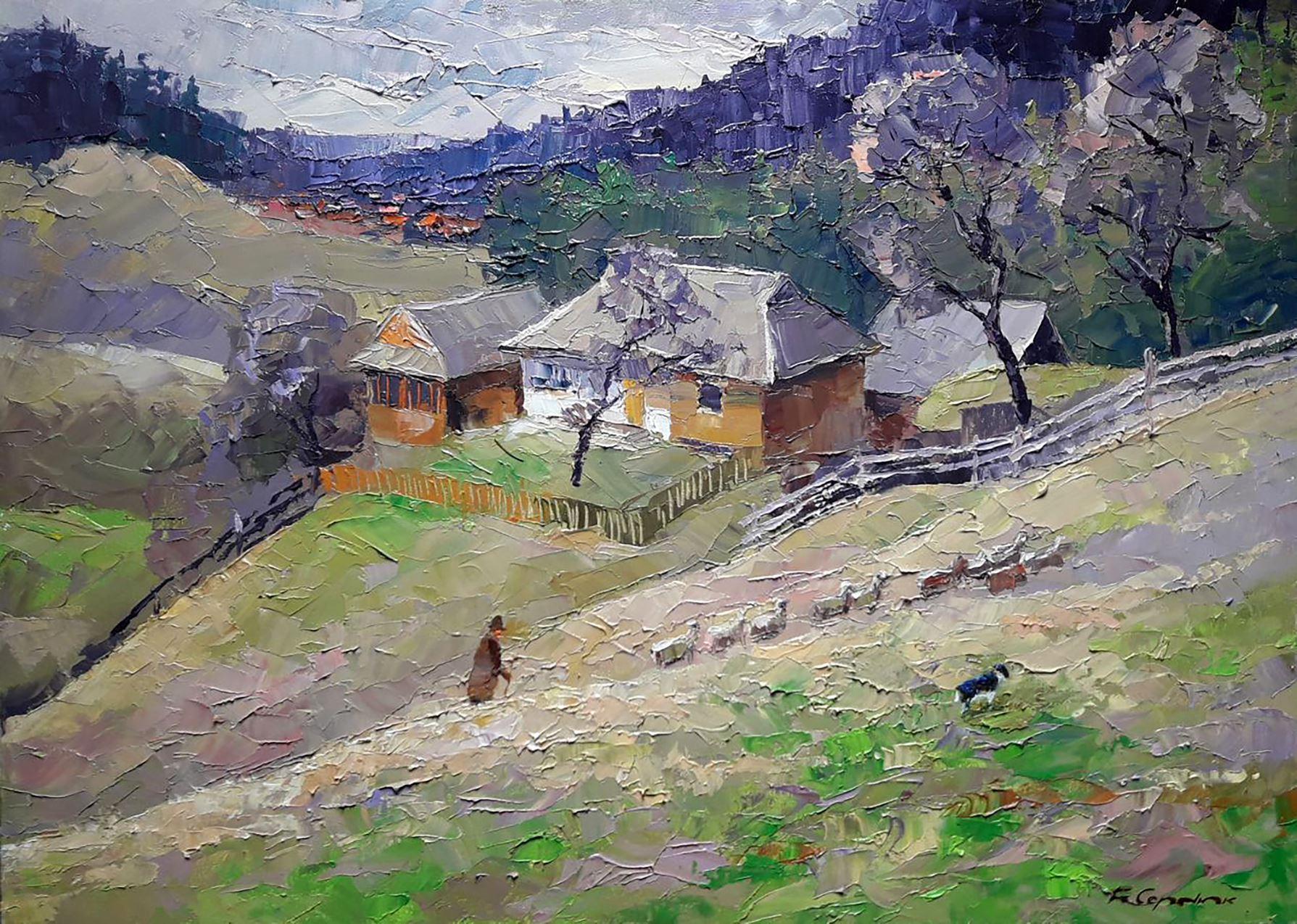 Boris Serdyuk  Landscape Painting - Manor under the mountain, Village, Original oil Painting, Ready to Hang