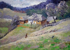 Manoir sous la montagne, village, peinture à l'huile originale, prête à être accrochée