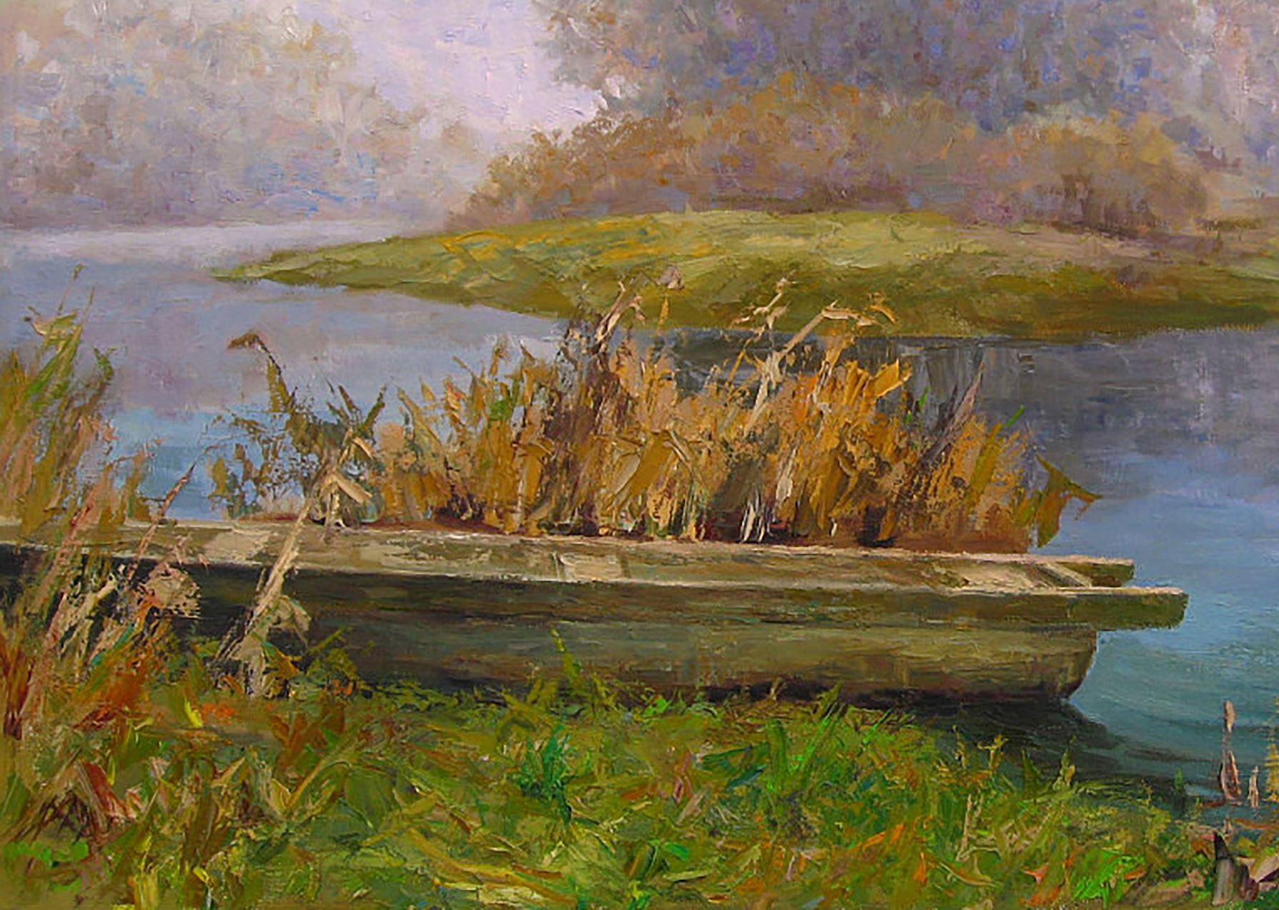 Morning Fog, Original oil Painting, Ready to Hang - Gray Landscape Painting by Boris Serdyuk 