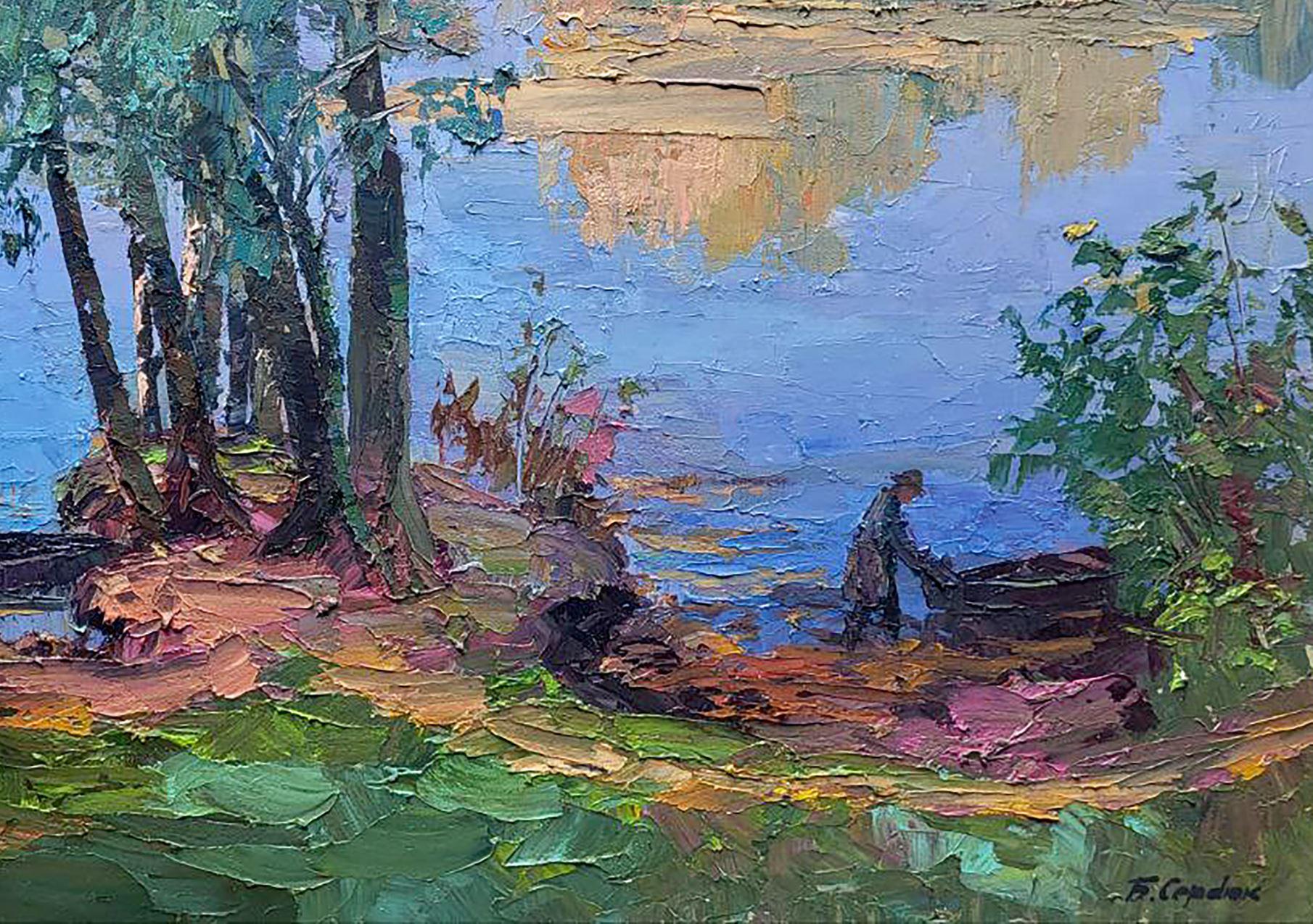 Morning on the lake, Landscape, Original oil Painting, Ready to Hang - Gray Landscape Painting by Boris Serdyuk 