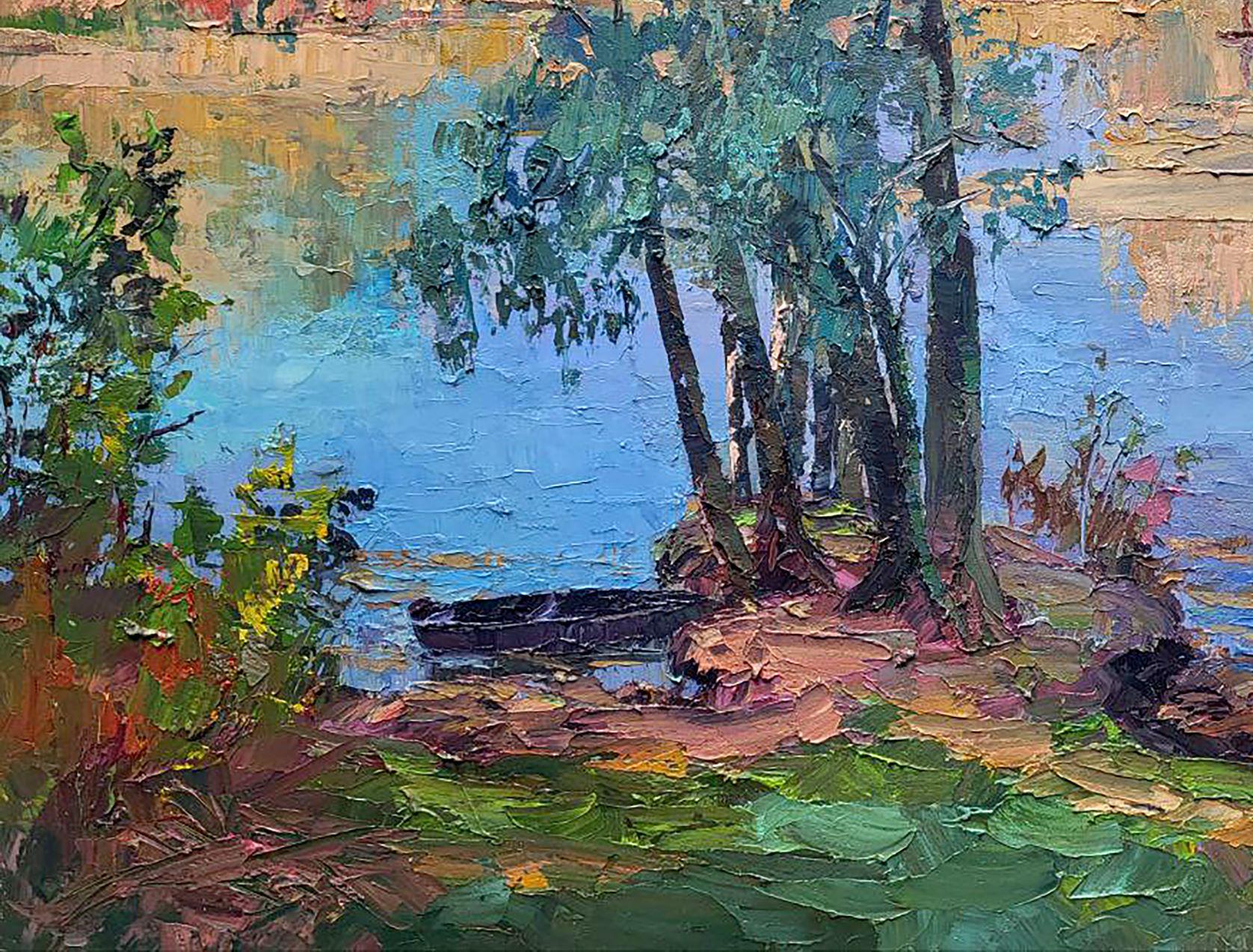 Morgen am See, Landschaft, Original-Ölgemälde in Öl, hängefertig (Impressionismus), Painting, von Boris Serdyuk 