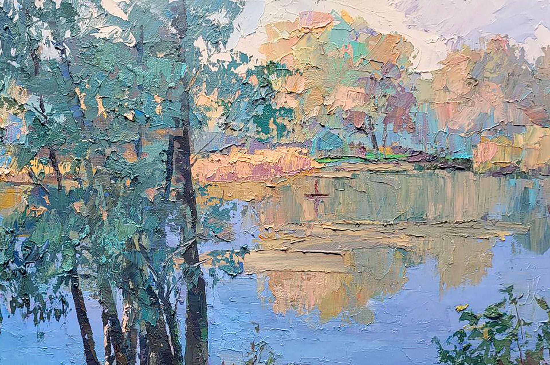 Morgen am See, Landschaft, Original-Ölgemälde in Öl, hängefertig (Grau), Landscape Painting, von Boris Serdyuk 
