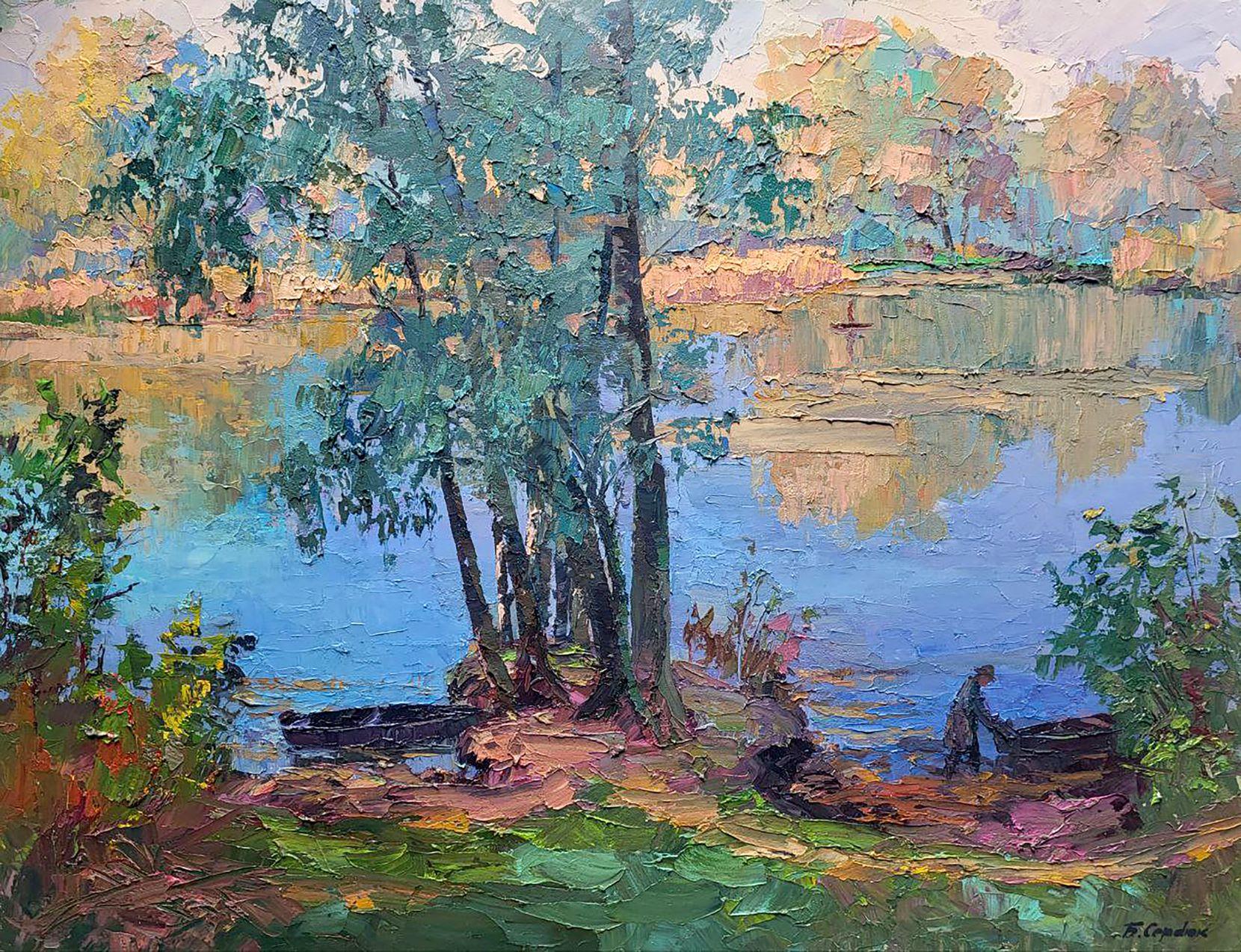 Boris Serdyuk  Landscape Painting – Morgen am See, Landschaft, Original-Ölgemälde in Öl, hängefertig