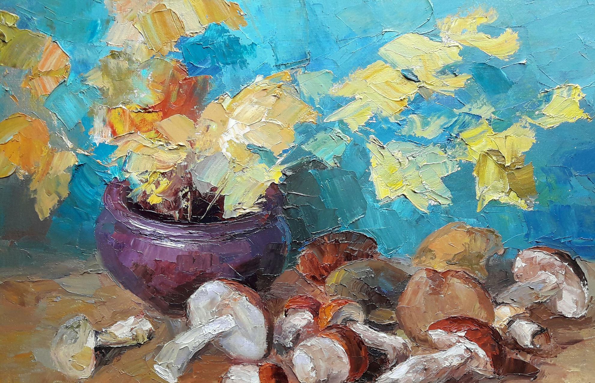 L'heure des champignons, Nature morte, Peinture à l'huile originale, Prête à être accrochée - Impressionnisme Painting par Boris Serdyuk 